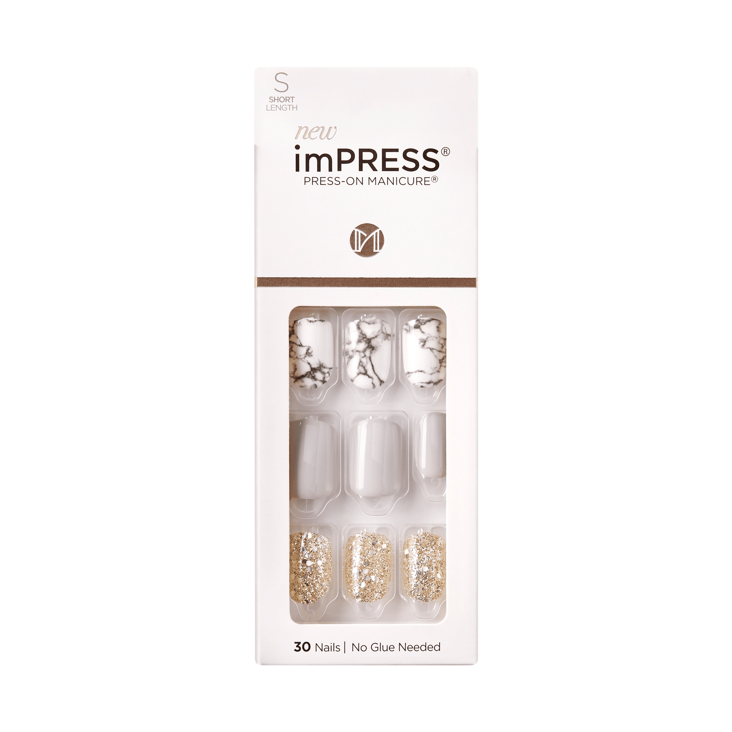 imPRESS press-on manicure nails in short length, featuring white marble, solid white, and gold glitter designs, packaging states 30 nails, no glue needed.