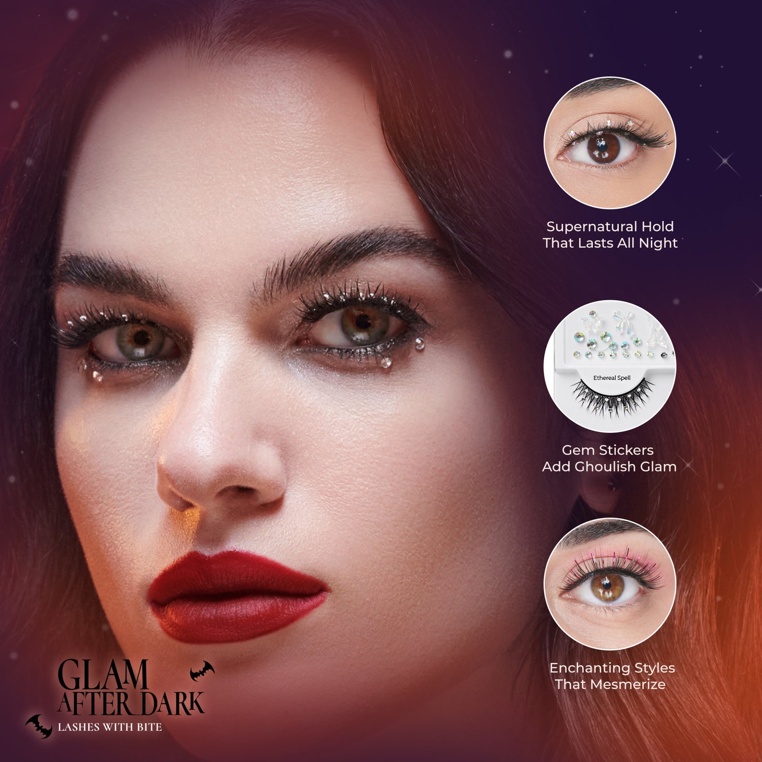 Close-up of a woman with dark hair wearing decorated false lashes with small gem stickers under her eyes and textured red lipstick, showcasing Halloween glam style.