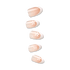 Set of five press-on nails in soft nude and beige tones with white tips and small white floral accents near the cuticle area.