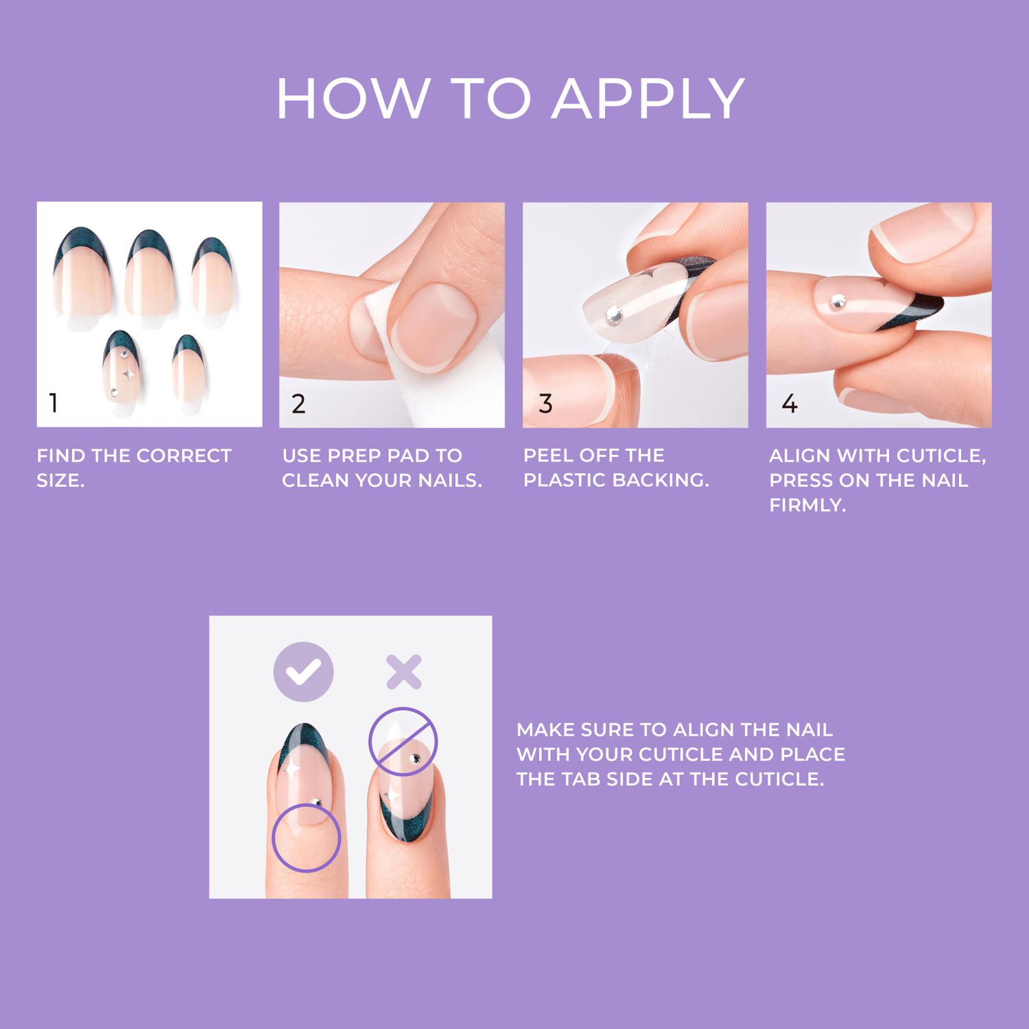 Step-by-step instructions for applying imPRESS Premium Press On Nails - Visions, showing nail sizes, cleaning with a prep pad, peeling plastic backing, and pressing nails aligned with cuticles.