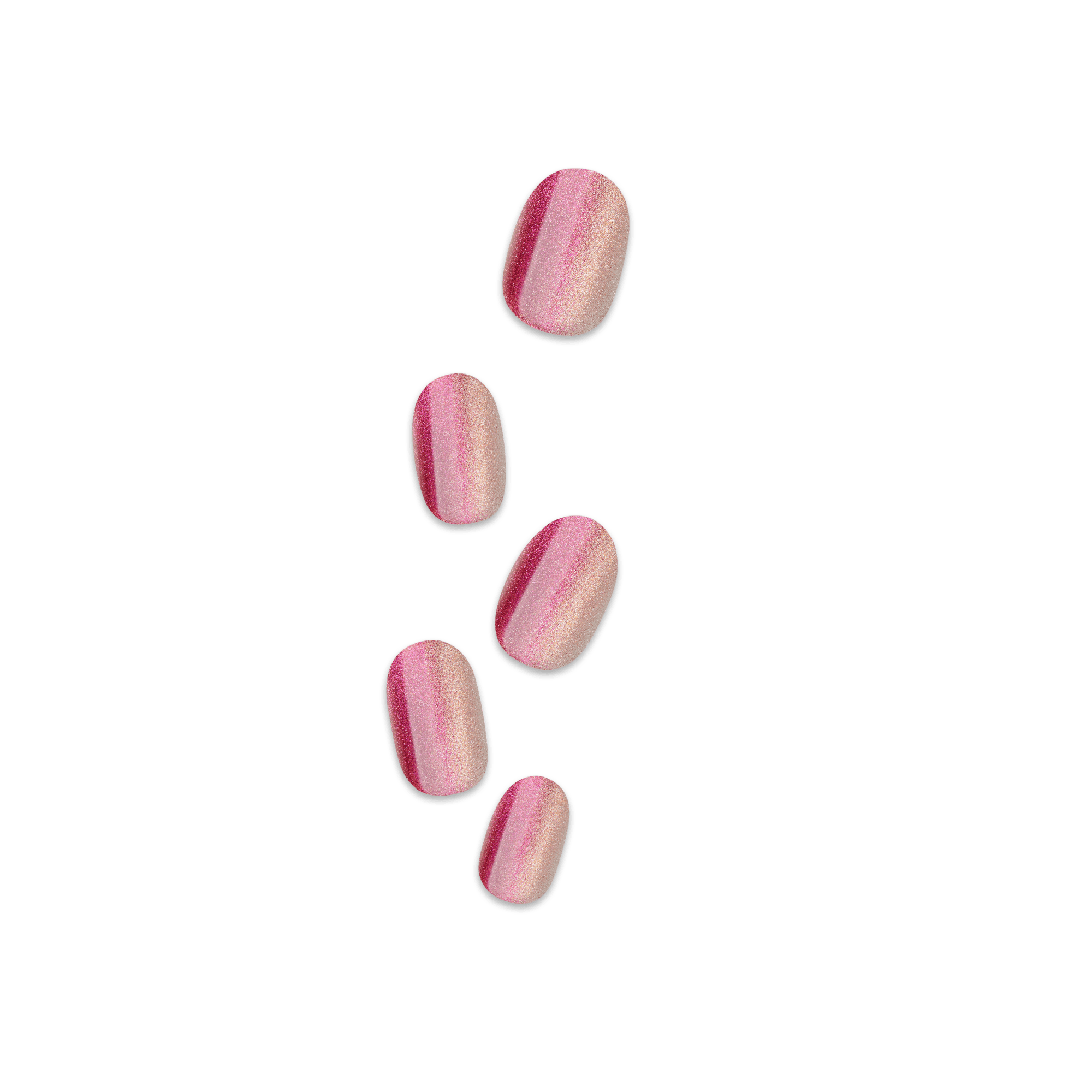 Set of five press-on nails in varying sizes, featuring a shimmering gradient design of pink and rose gold hues with a glossy finish.