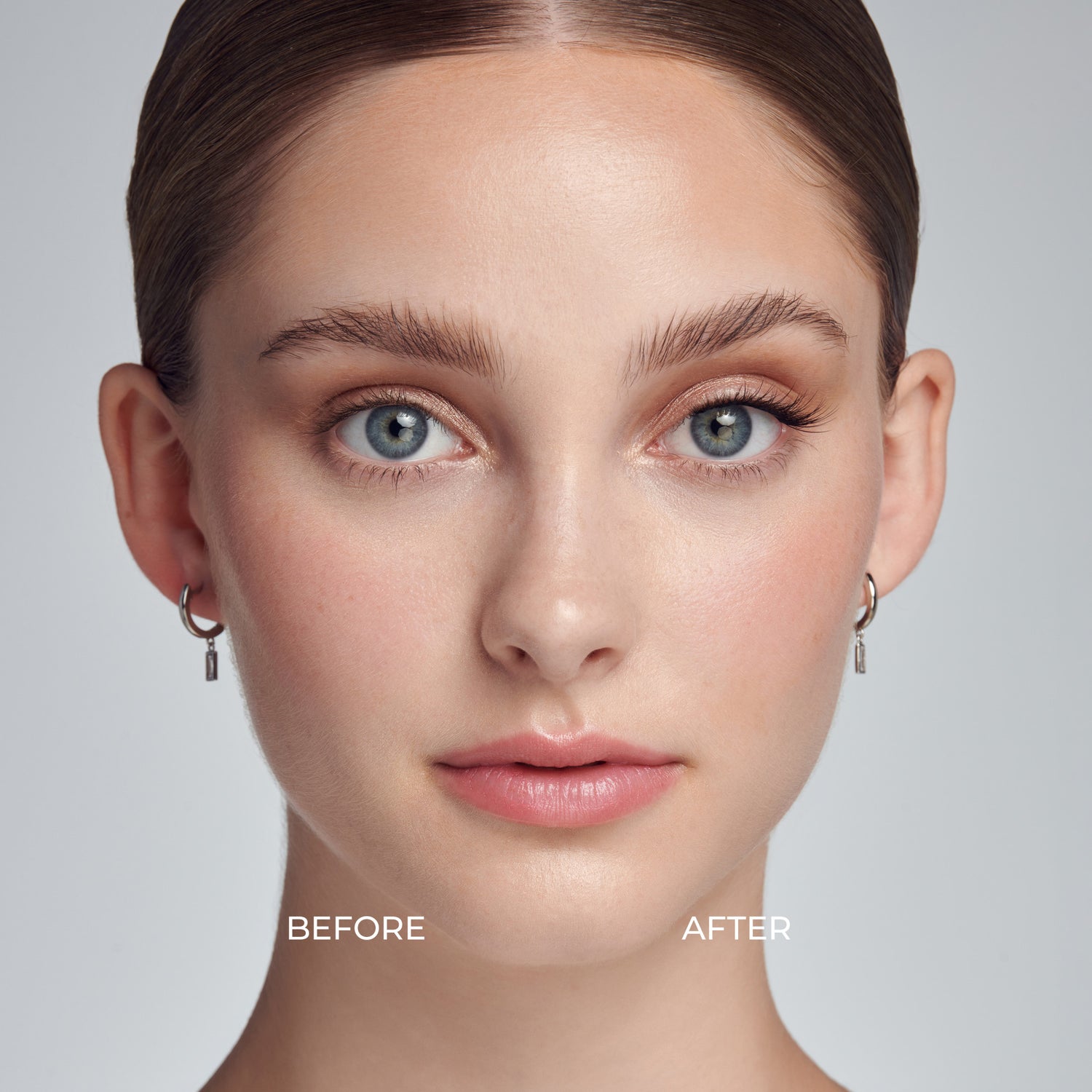Close-up of a woman’s face showing a before and after comparison of eyelashes; the left eye has natural lashes, the right eye has black wispy self-adhesive false eyelashes applied.