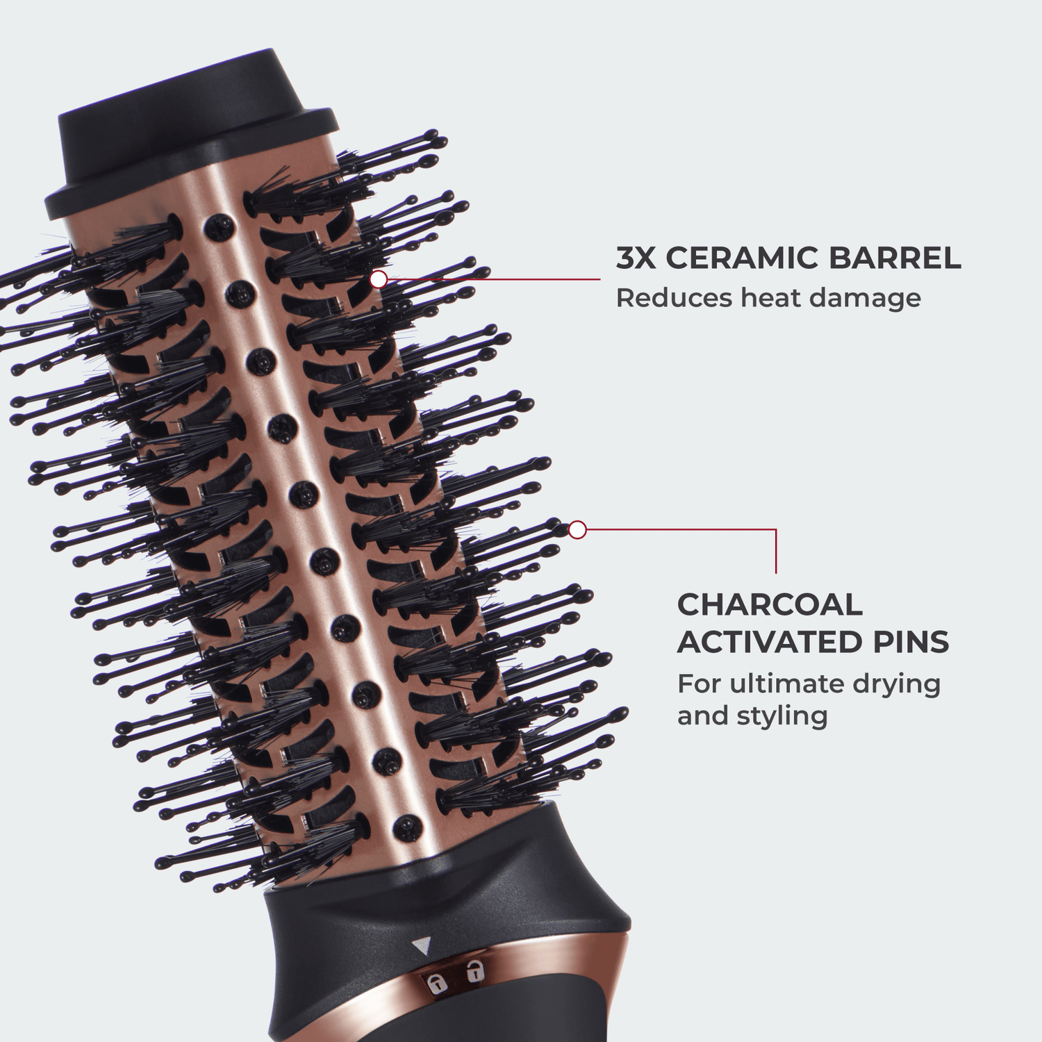 Round hairbrush with a copper-colored ceramic barrel and black charcoal-activated pins, labeled for heat damage reduction and ultimate drying and styling.