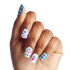 Hand with nails painted in a WICKED X KISS Marvelous Munchkinland design, featuring blue gingham pattern on pinky and thumb, and white background with small blue and pink floral motifs on middle three nails.