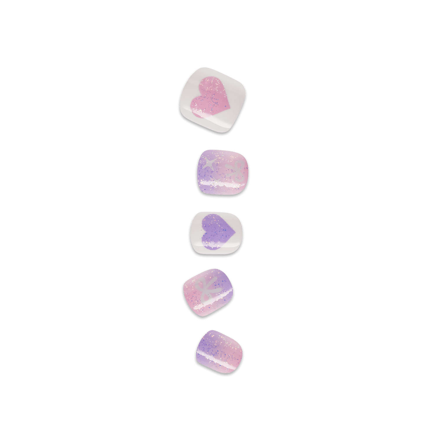 Five pink and purple glitter heart-shaped soap bars arranged vertically.