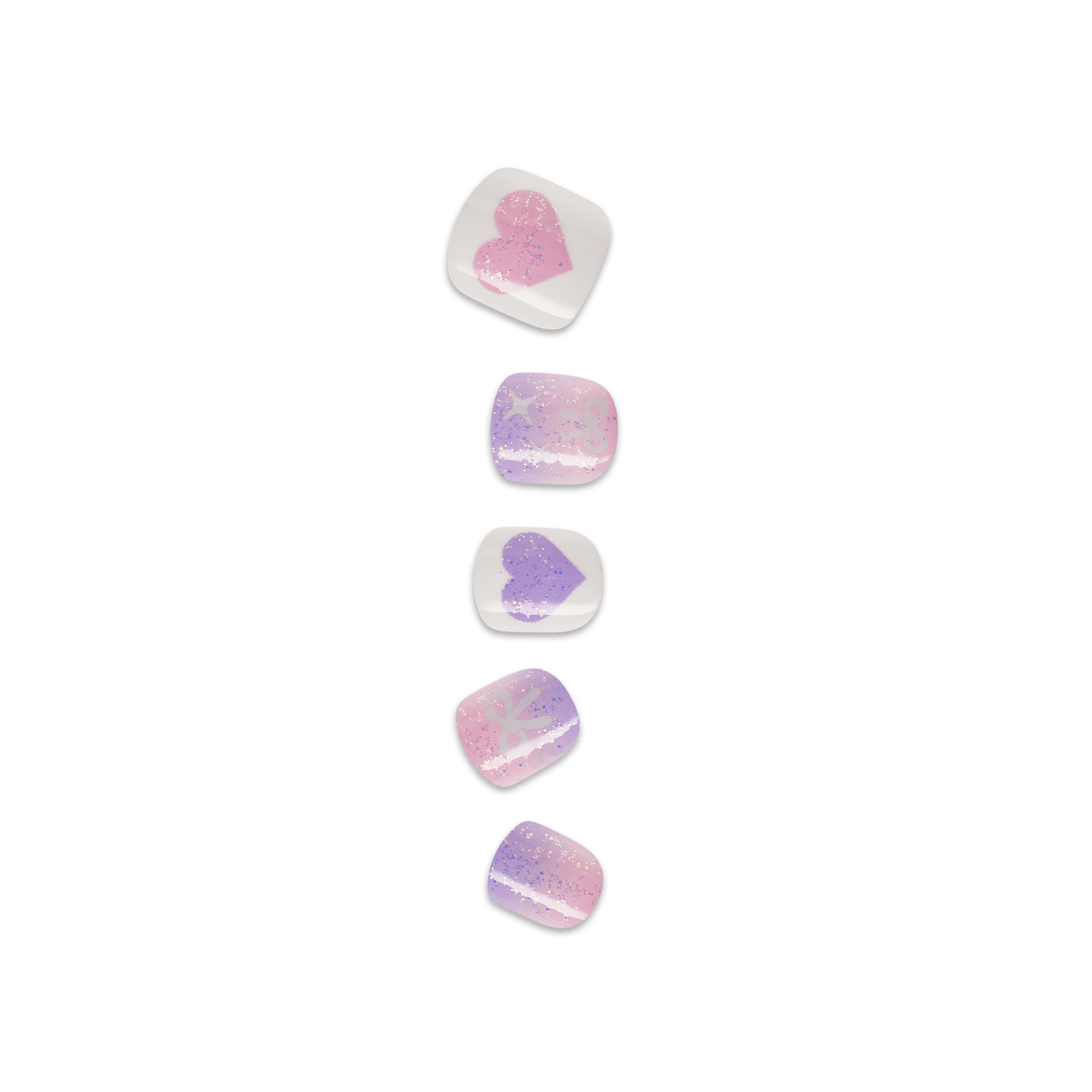 Five pink and purple glitter heart-shaped soap bars arranged vertically.