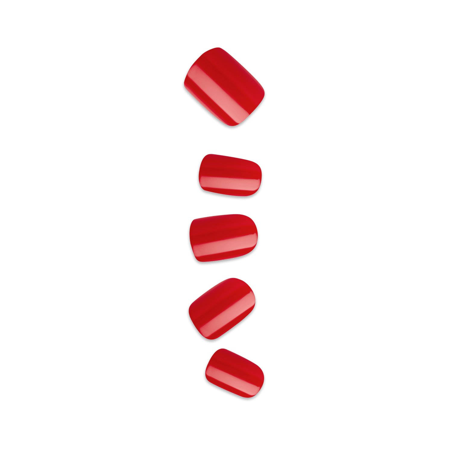 Five glossy press-on nails in a vibrant golden red shade, arranged vertically on a transparent background, showing different sizes for finger fit.