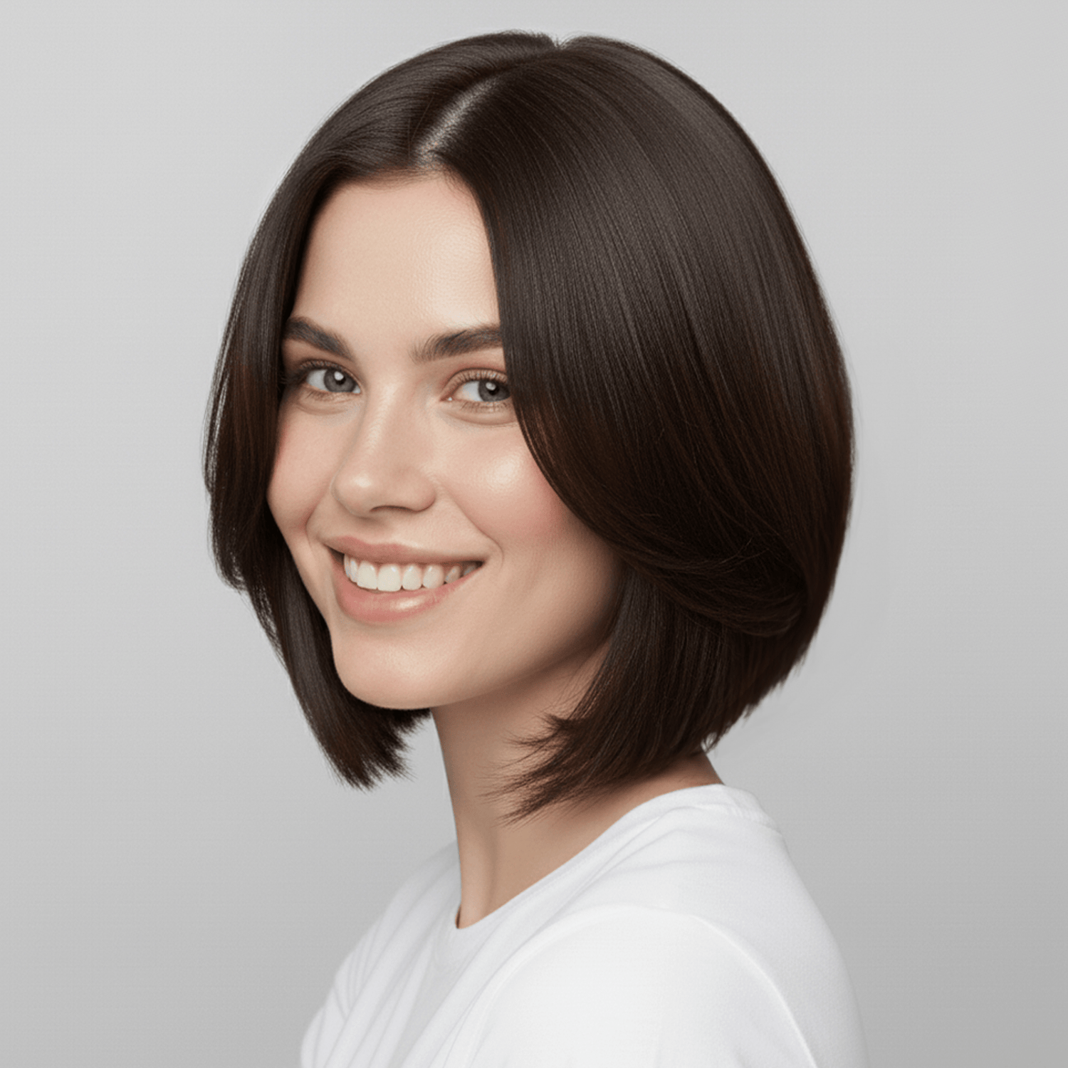 Smiling woman with sleek, shiny, shoulder-length dark brown hair wearing a white shirt against a plain light gray background.