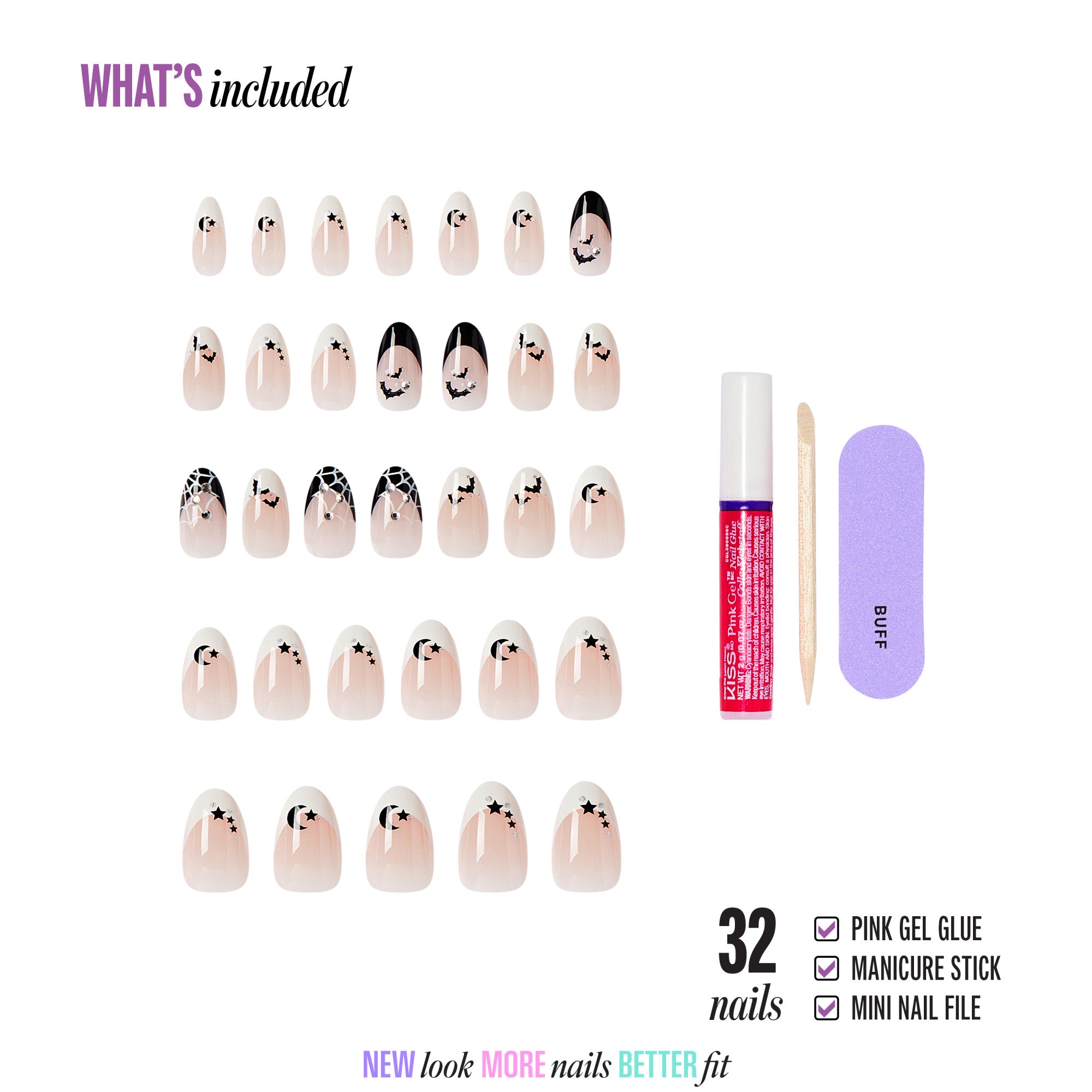Kiss Haunt Halloween Press On Fake Glue Nails - HalloQueen | French Design, Black &amp; White, Medium, Almond, Glow In The Dark