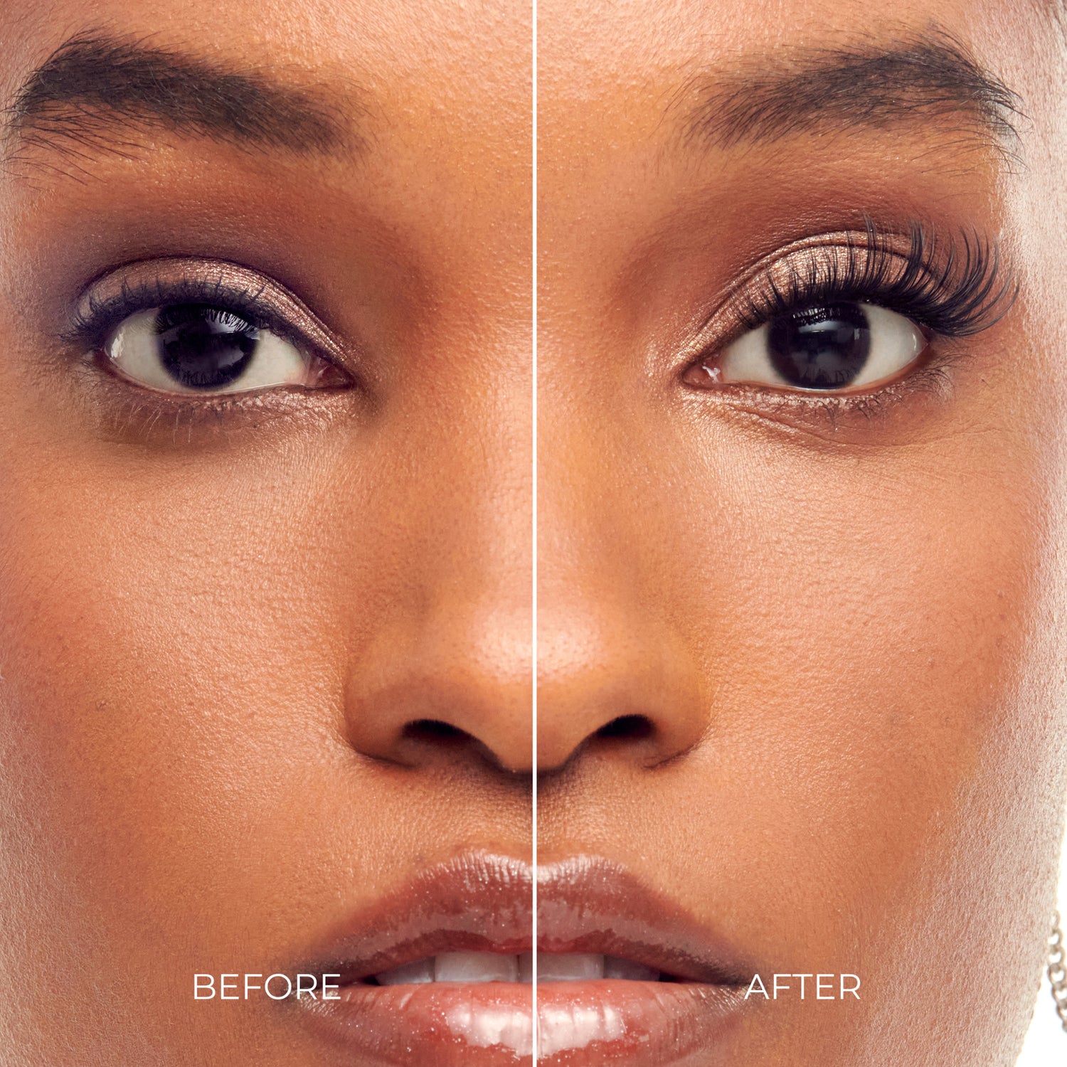 Before and after eye makeup comparison showing eyeshadow and lash application.