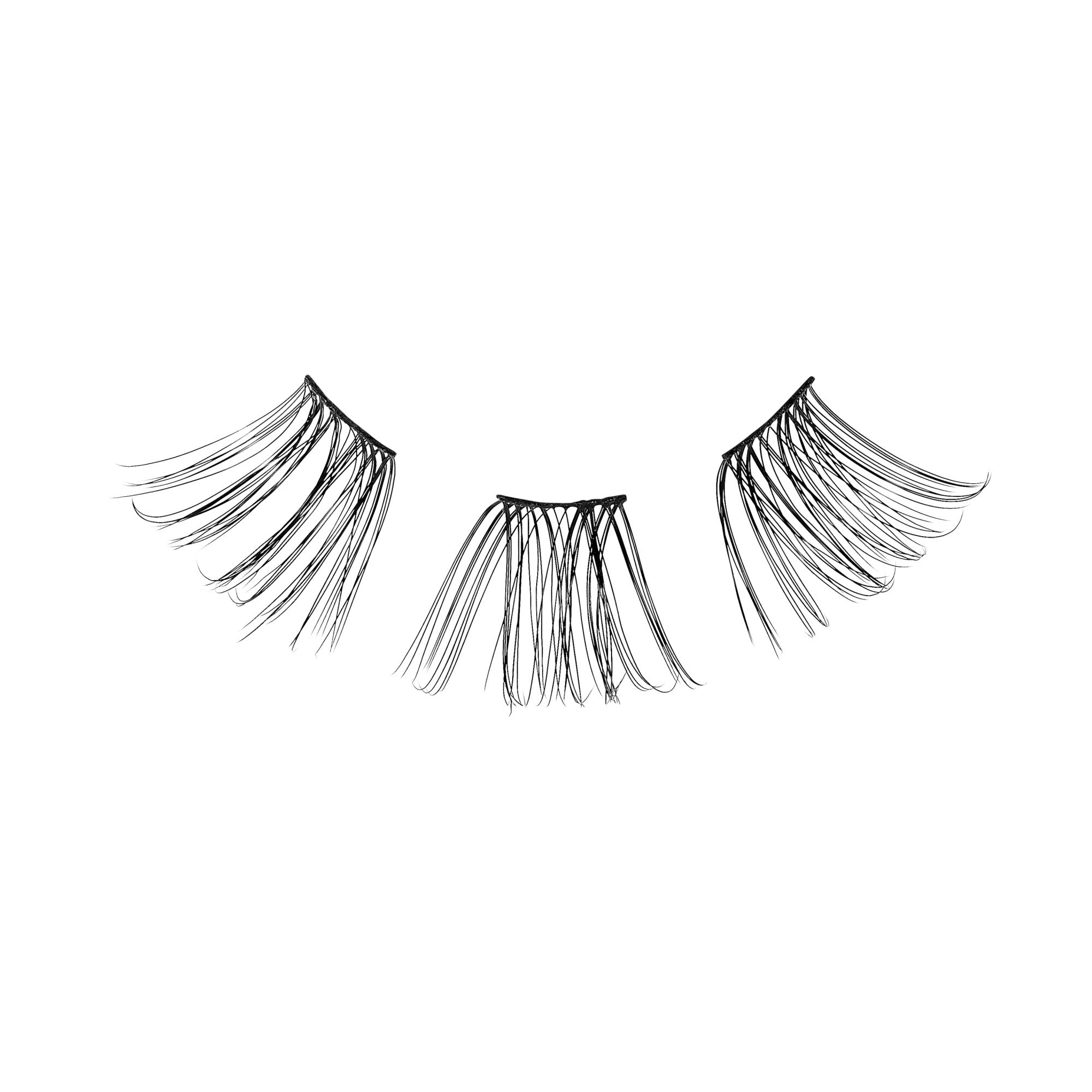 Three separate clusters of black synthetic eyelash wisps arranged on a white background, showing fine lengthening strands designed for natural lash enhancement.