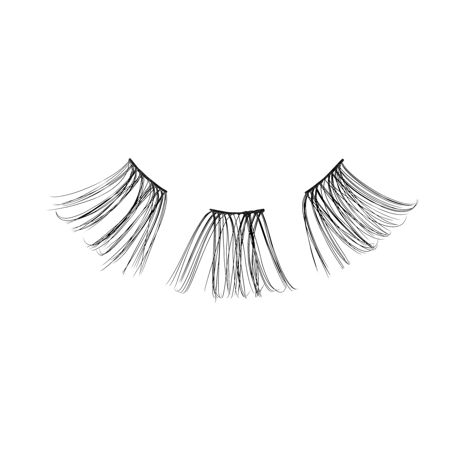 Three black individual cluster false eyelash extensions displayed on a white background, showing their delicate and wispy design.
