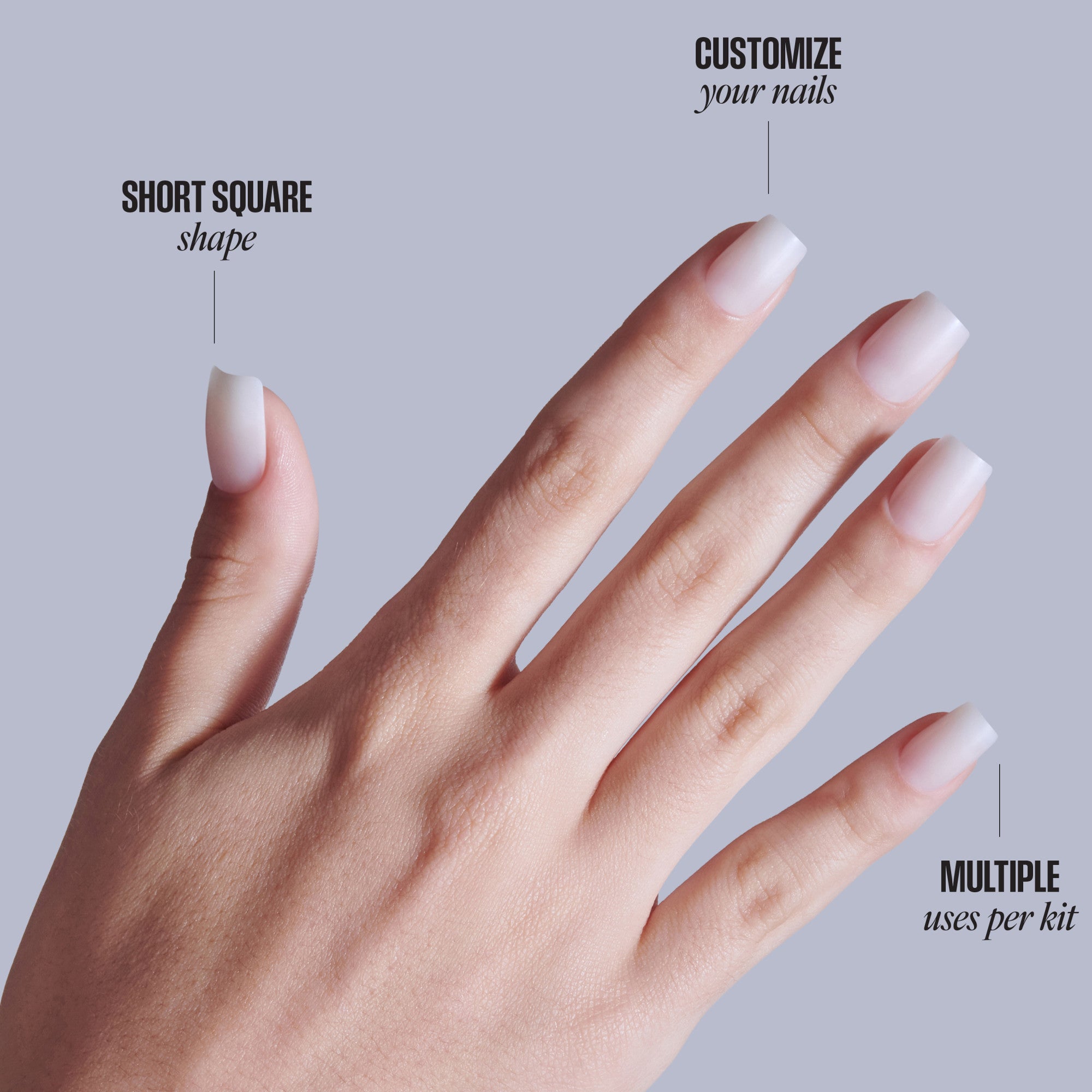 Short square nail shape with white ombre polish demonstration on hand.