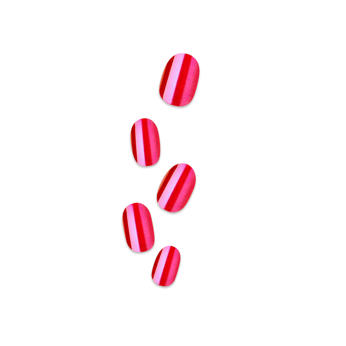 Five glossy press-on nails in red with pink vertical stripes, shown detached and arranged in a loose cluster on a plain background.