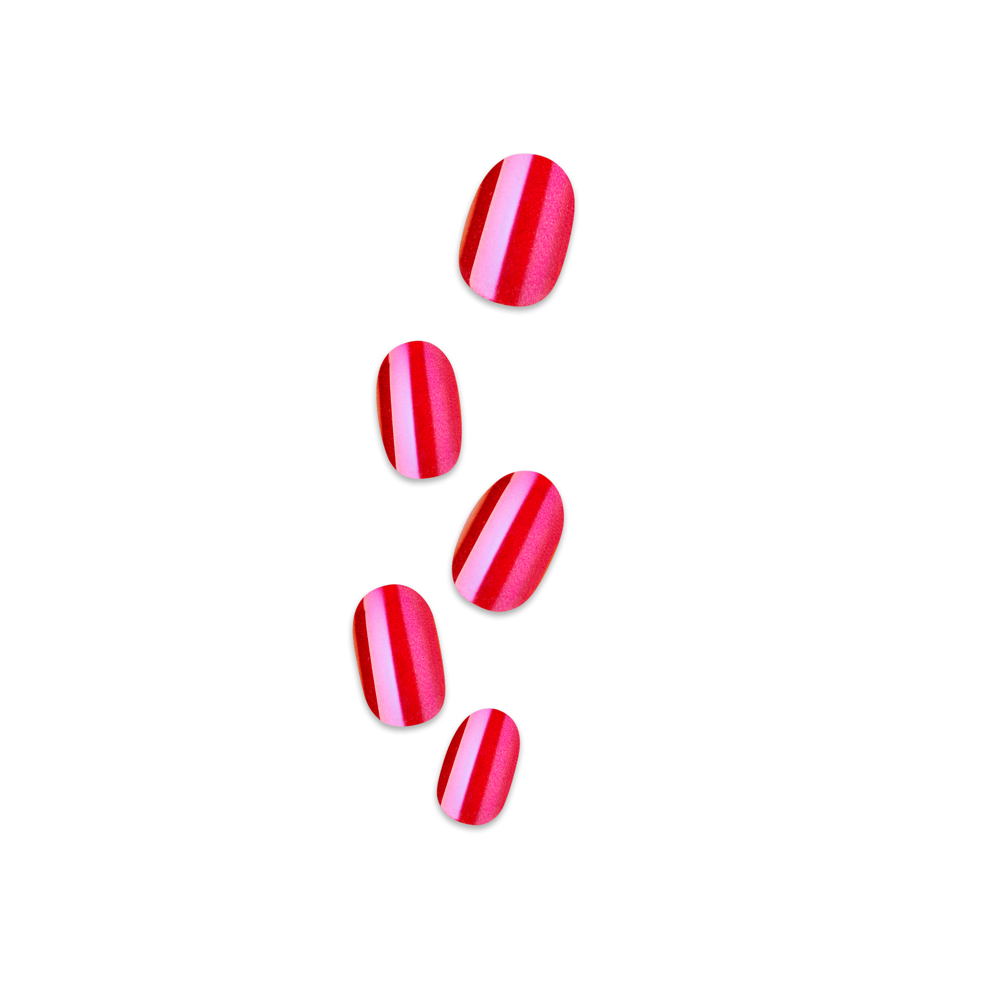 Five glossy press-on nails in red with pink vertical stripes, shown detached and arranged in a loose cluster on a plain background.