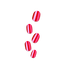 Five glossy press-on nails in red with pink vertical stripes, shown detached and arranged in a loose cluster on a plain background.