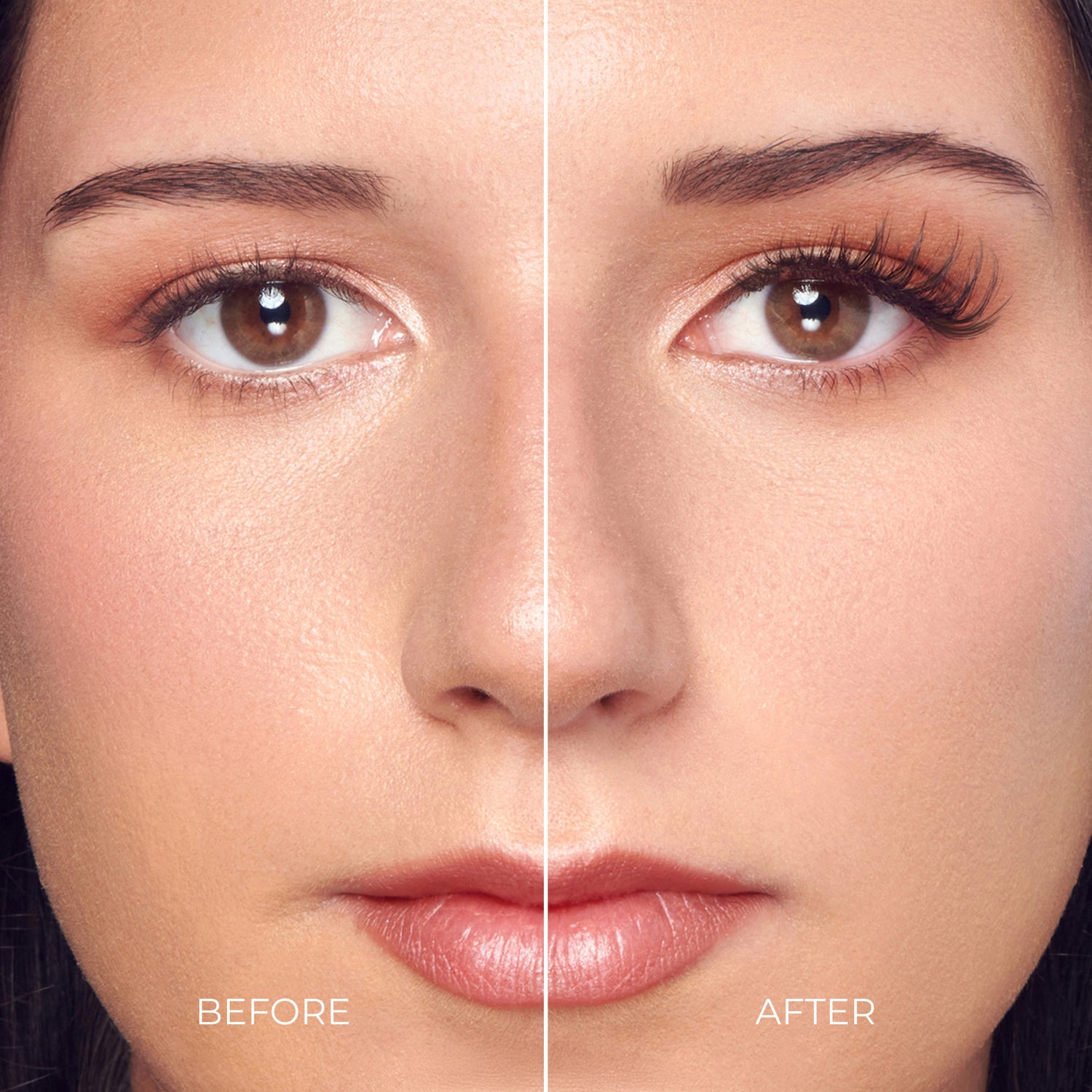 Before and after eyelash enhancement comparison showing natural vs. fuller lashes