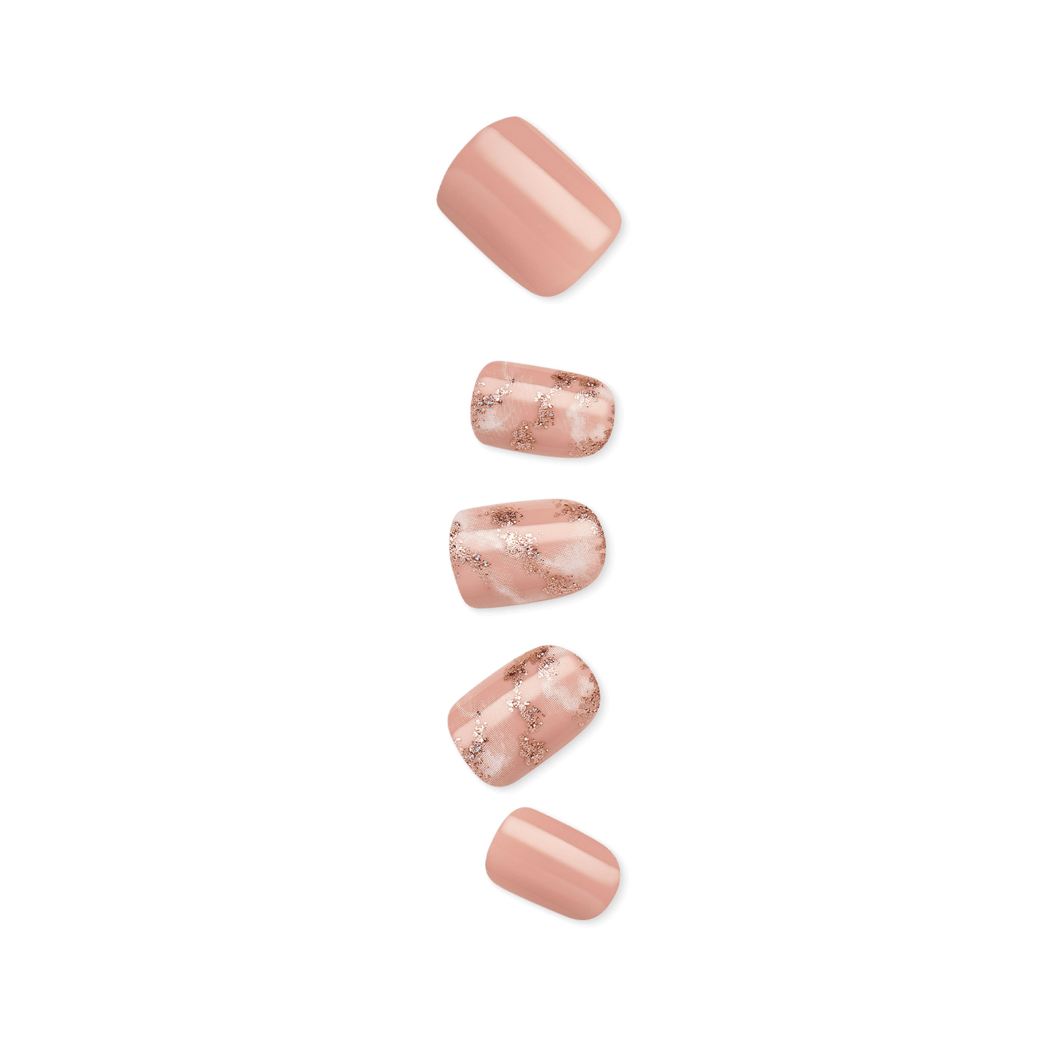 Set of five press-on nails in soft nude pink; three nails feature a marble-like pattern with rose gold foil accents.