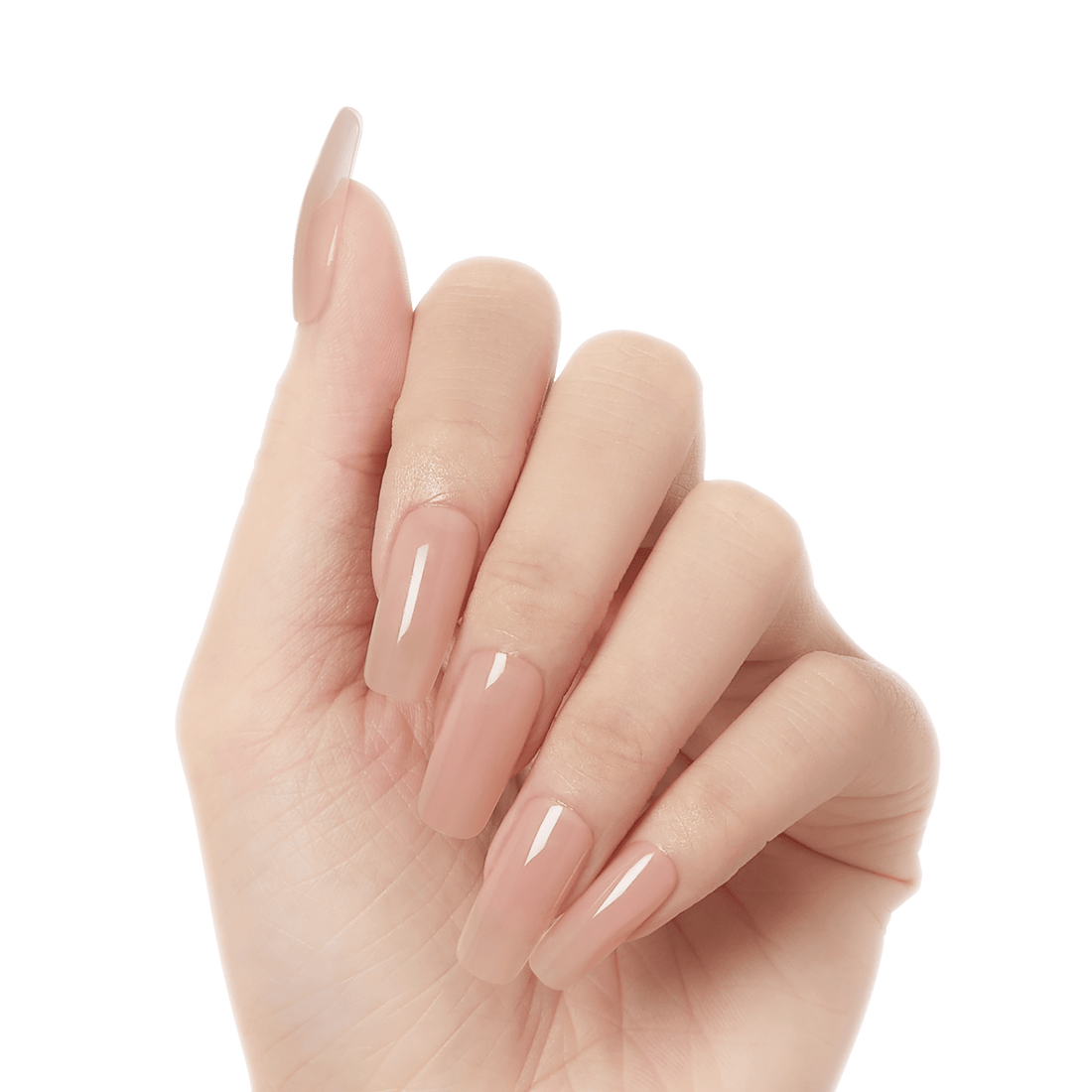 Hand with long, glossy nude-pink gel nails, showing a smooth and shiny finish, displayed against a plain background.