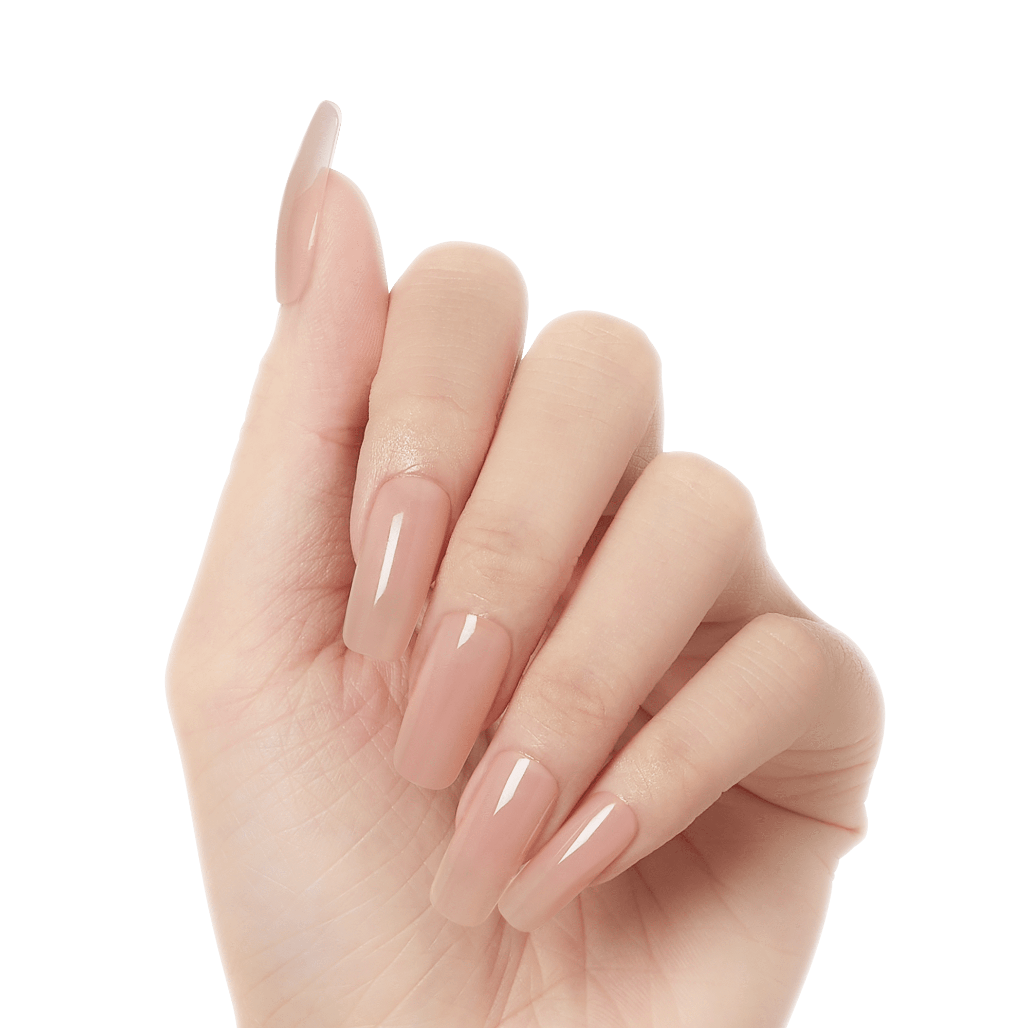Hand with long, glossy nude-pink gel nails, showing a smooth and shiny finish, displayed against a plain background.