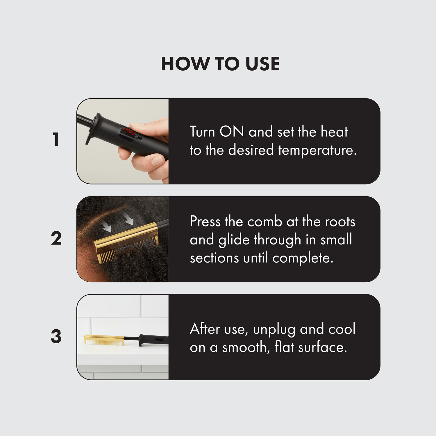 Instructions for using the KISS Professional Pressing Comb shown in three steps with images: turn on and set heat; press comb at hair roots and glide through small sections; unplug and cool on flat surface.