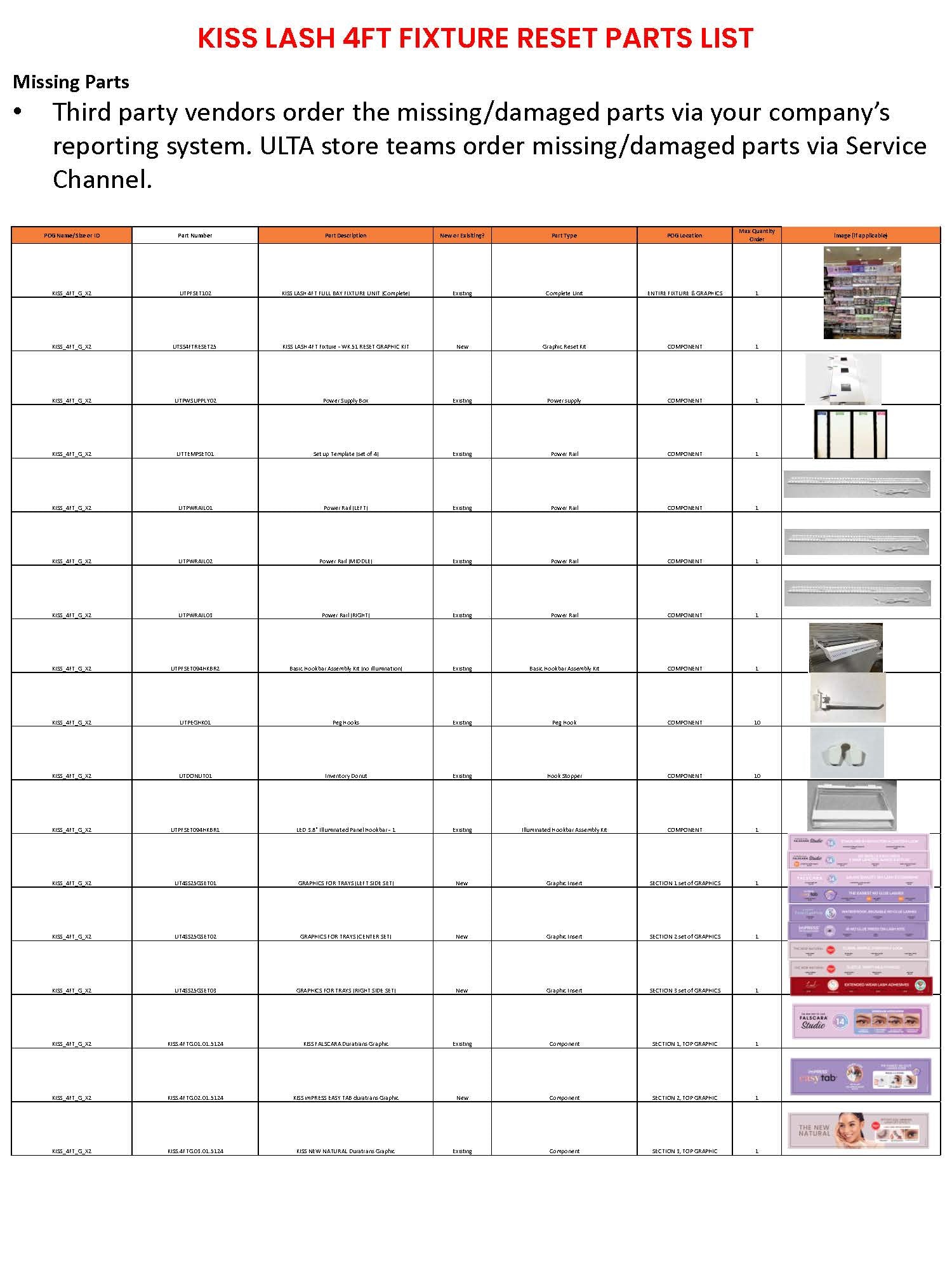 KISS Lash 4FT Fixture Reset Parts List with part numbers and component details.