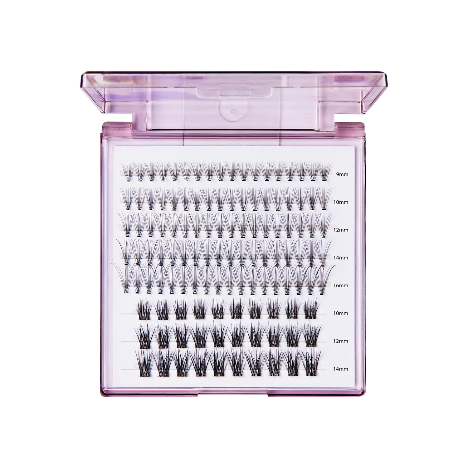 Compact purple-tinted plastic case with 120 black false eyelash clusters in varying sizes from 9mm to 16mm arranged in rows on a white tray.