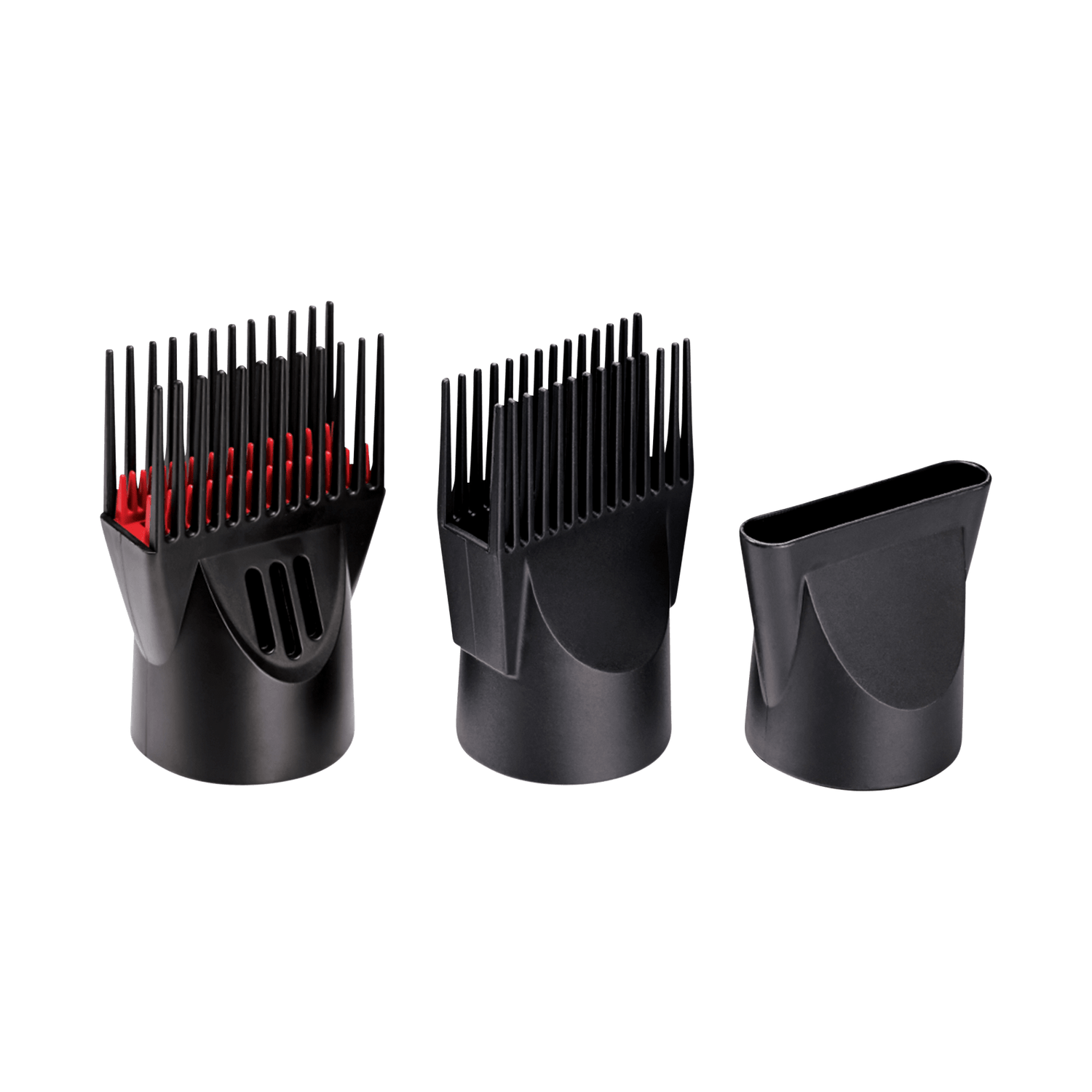 Three black plastic hair dryer attachments for the 1875 Pro Tourmaline Ceramic Dryer, including two comb-style diffusers and one concentrator nozzle.