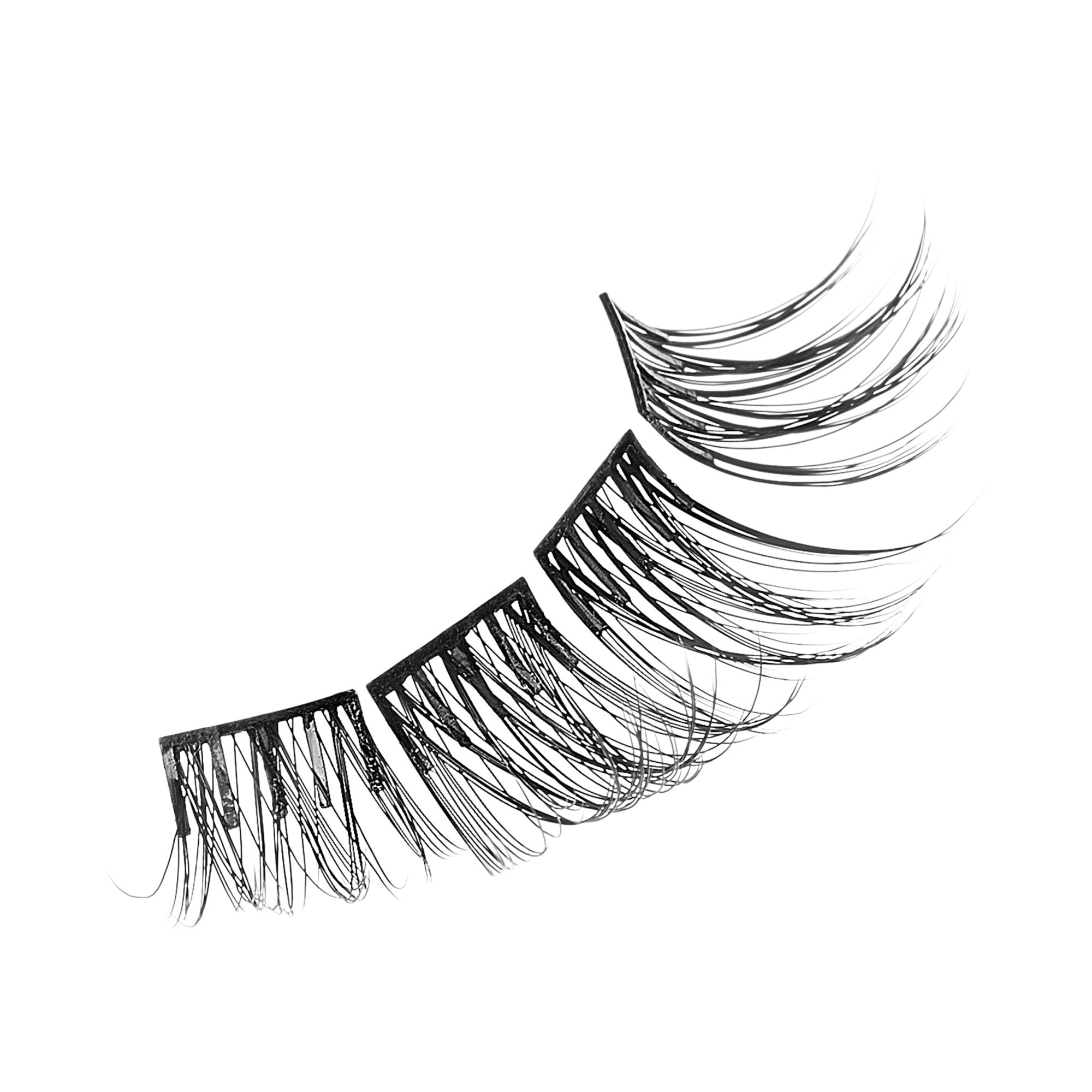 Wispy style self-adhesive false eyelash clusters arranged in a curved line, featuring spaced, delicate black fibers on short black bases.