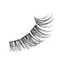 Wispy style self-adhesive false eyelash clusters arranged in a curved line, featuring spaced, delicate black fibers on short black bases.