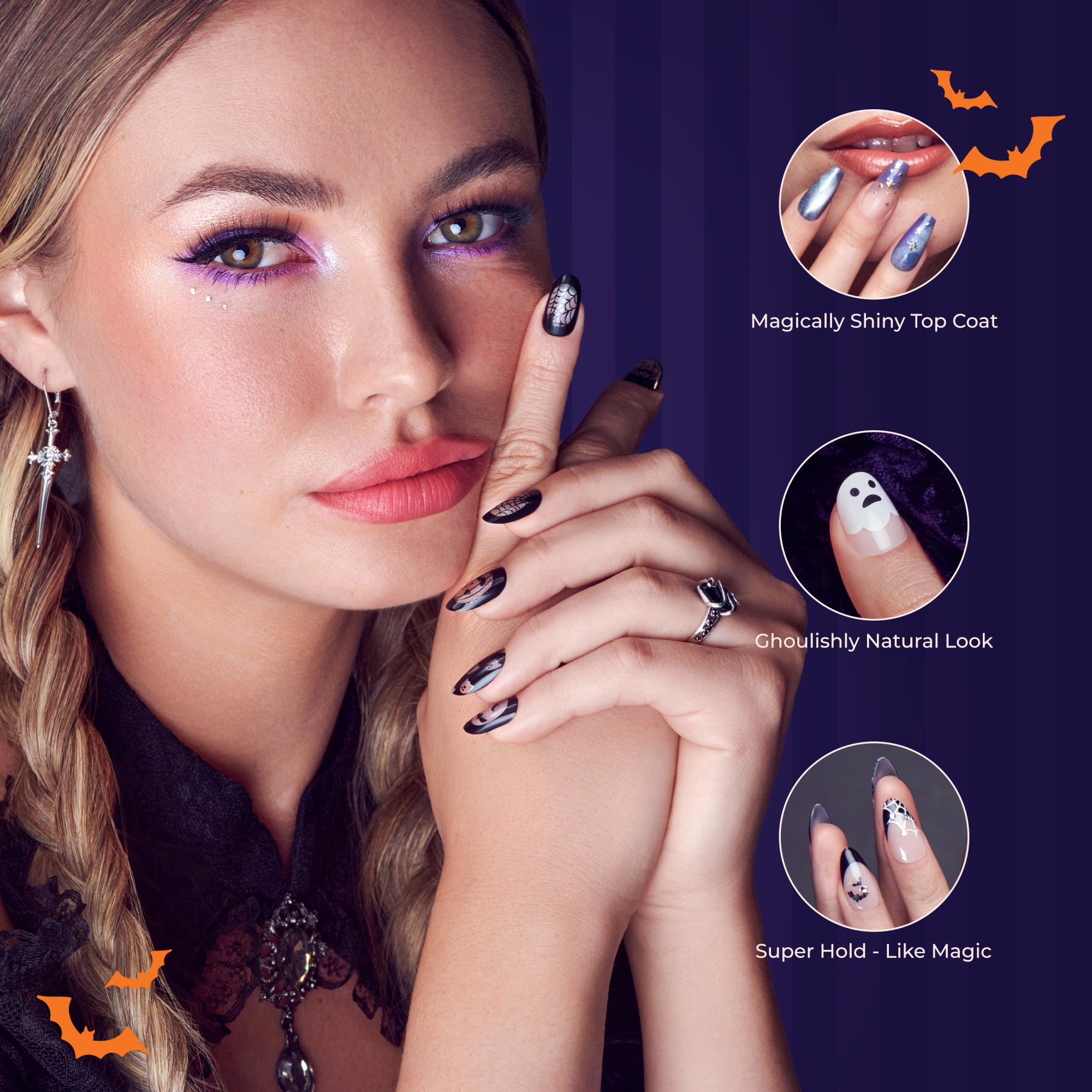 Close-up of a woman with purple eye makeup and braided hair wearing matte black press-on nails with spiderweb and dark face designs.