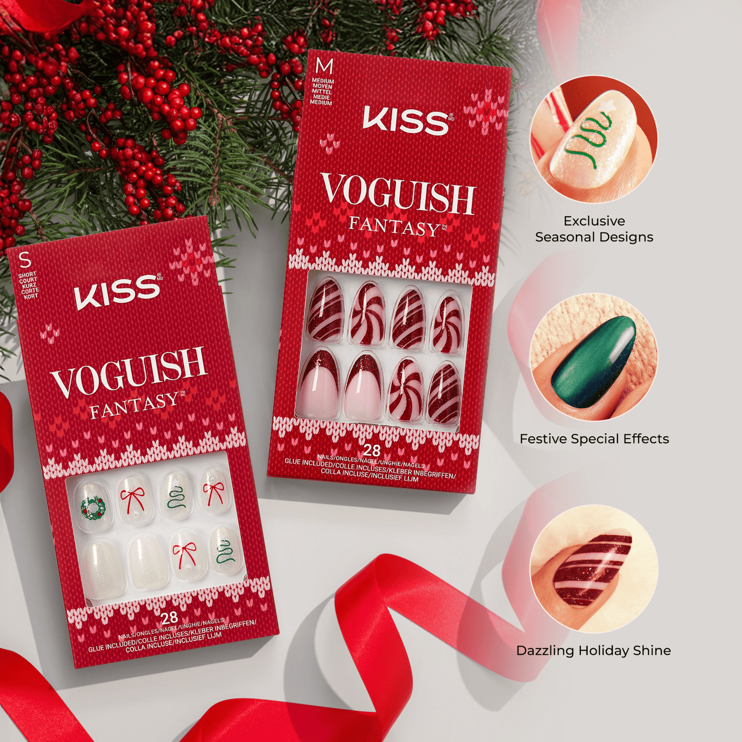 Two red KISS Voguish Fantasy press-on nail sets with holiday-themed designs, featuring wreaths, bows, candy stripes, and glitter effects, surrounded by pine branches and red ribbon. Text highlights exclusive seasonal designs, festive special effects, and dazzling holiday shine.