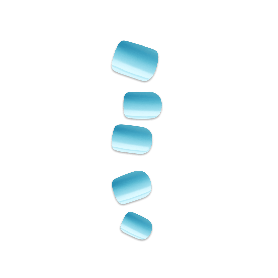 Five glossy, light blue, curved press-on nails arranged vertically on a transparent background with black edges outlining each nail.