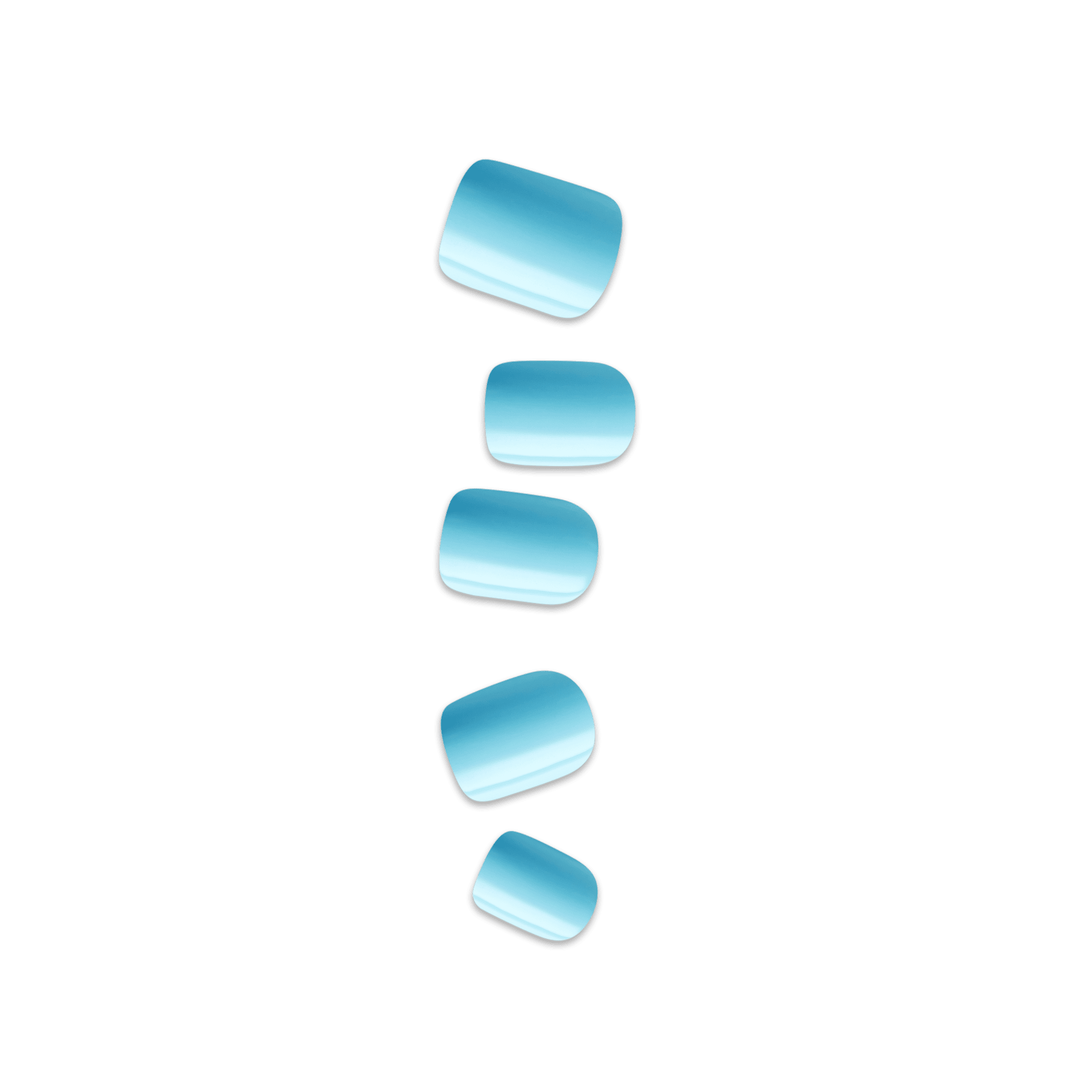 Five glossy, light blue, curved press-on nails arranged vertically on a transparent background with black edges outlining each nail.