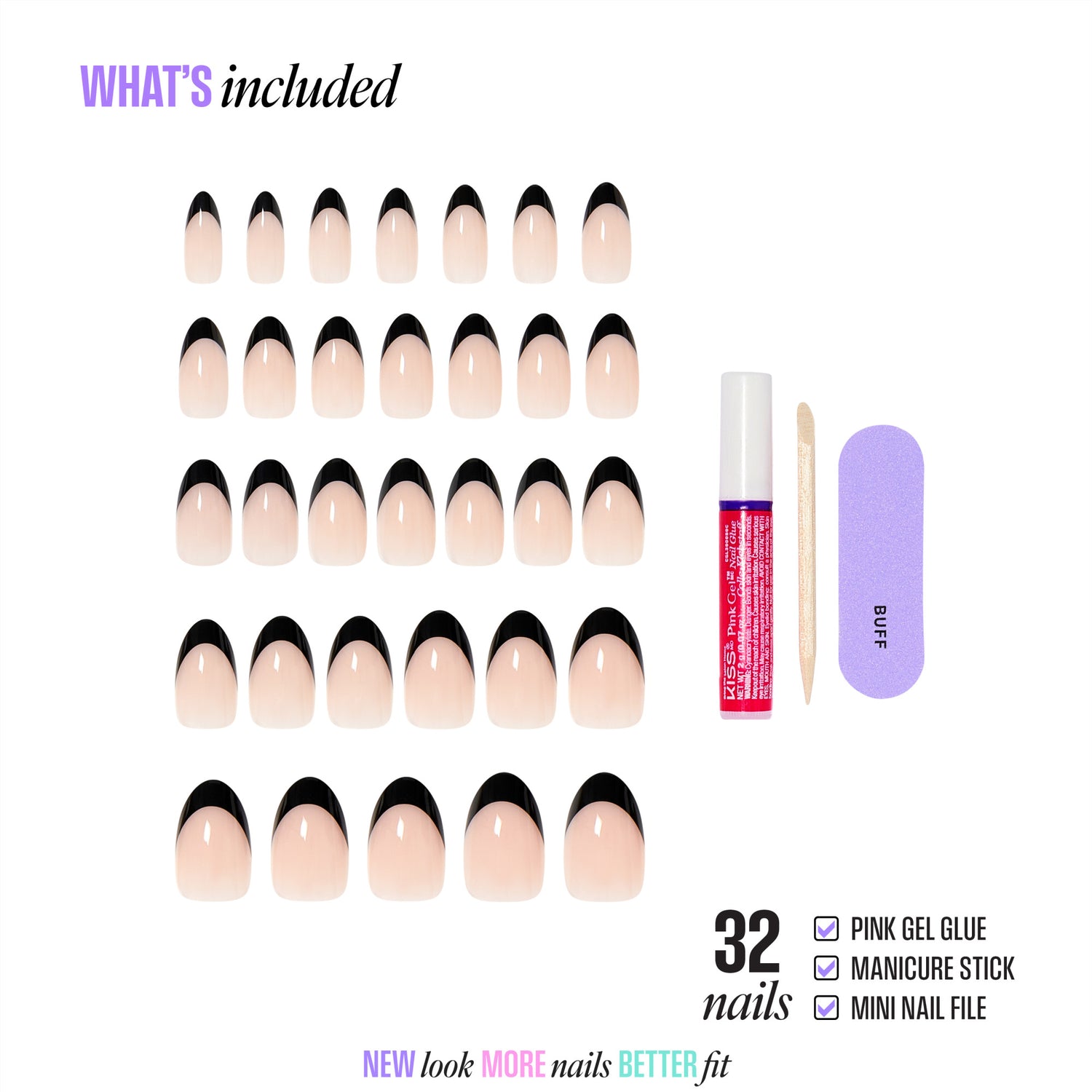 32 nude press-on nails with black tips, pink gel glue, manicure stick, and nail file included.