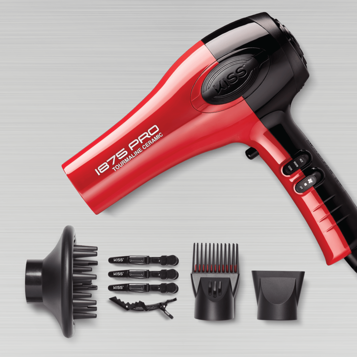 Red and black 1875 Pro Tourmaline Ceramic hair dryer with the brand name \