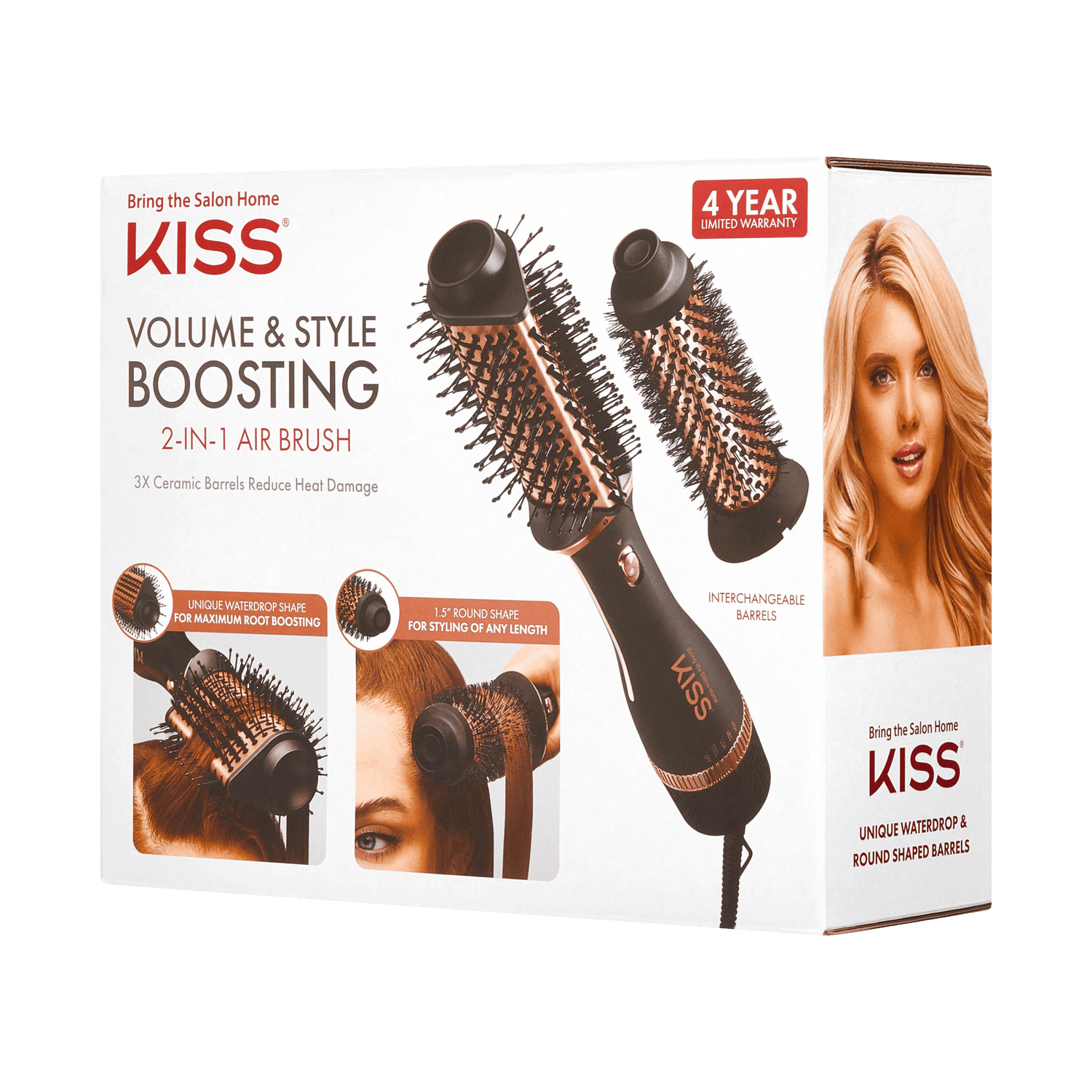 KISS Volume &amp; Style Boosting 2-in-1 Air Brush with interchangeable ceramic barrels shown, featuring a unique waterdrop shape for root boosting and a 1.5\
