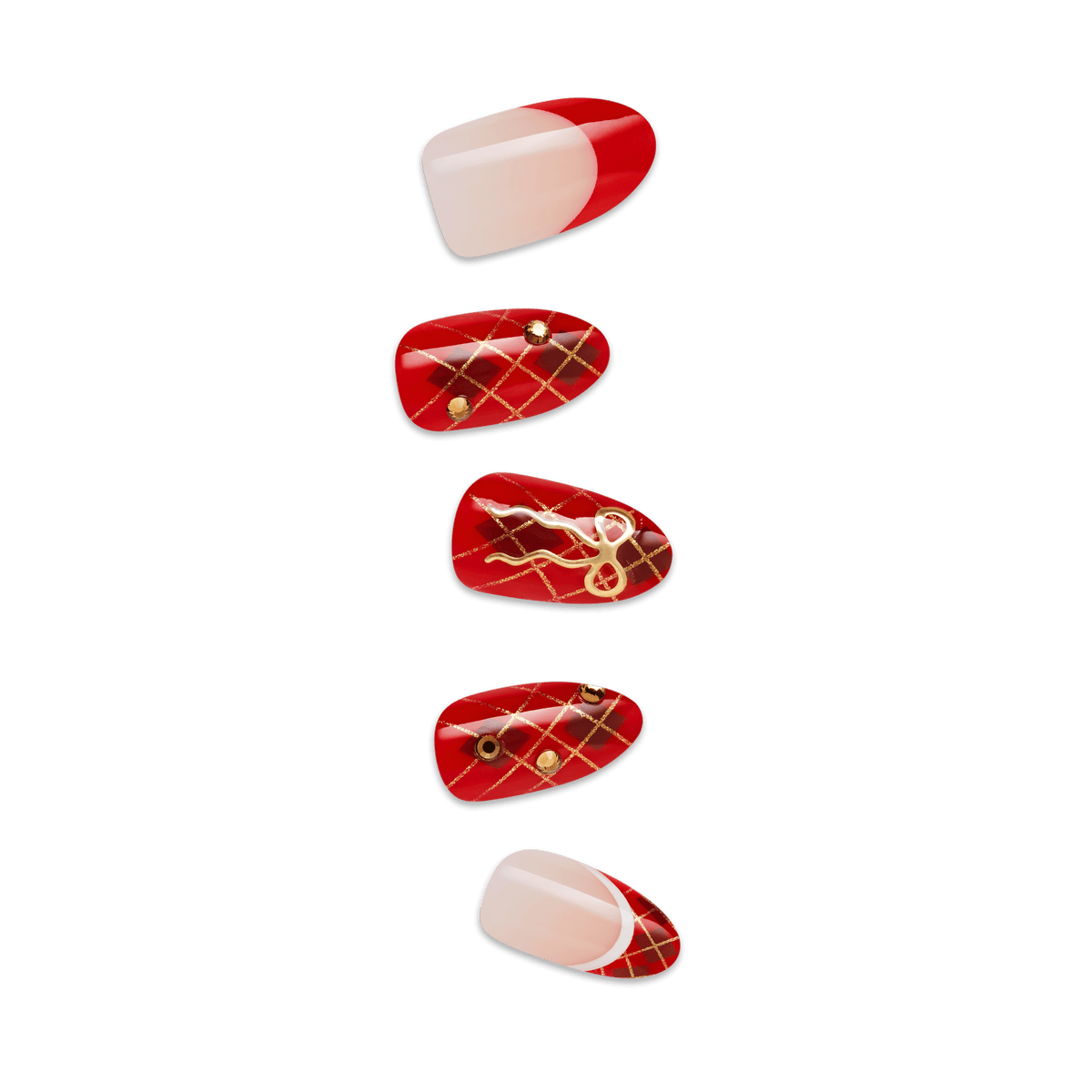 Impress Design Holiday No Glue Fake Press On Nails - Holly | French Design, Red, Medium, Almond, Manicure