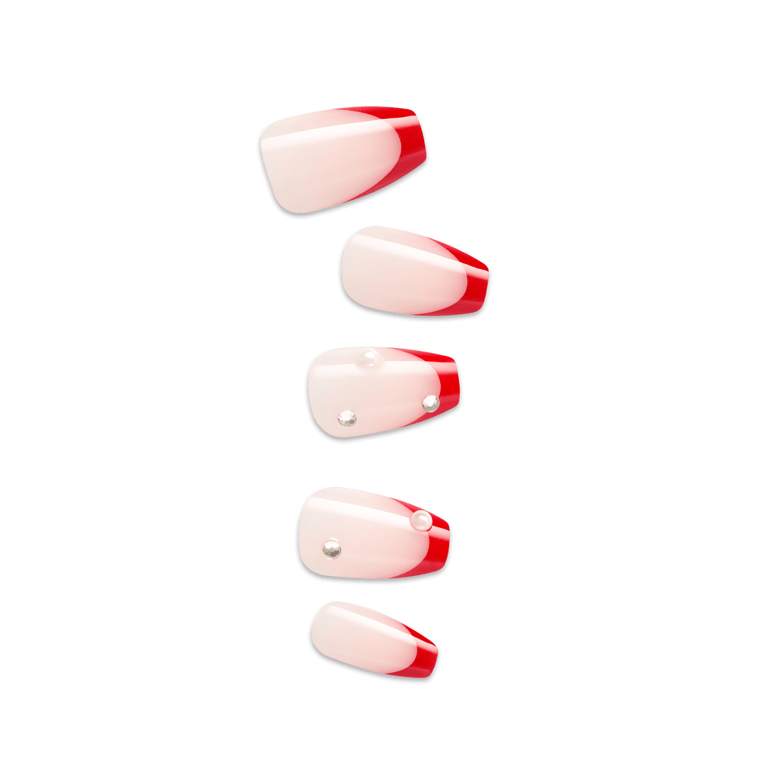 Red and white artificial nail tips with rhinestone accents, various sizes
