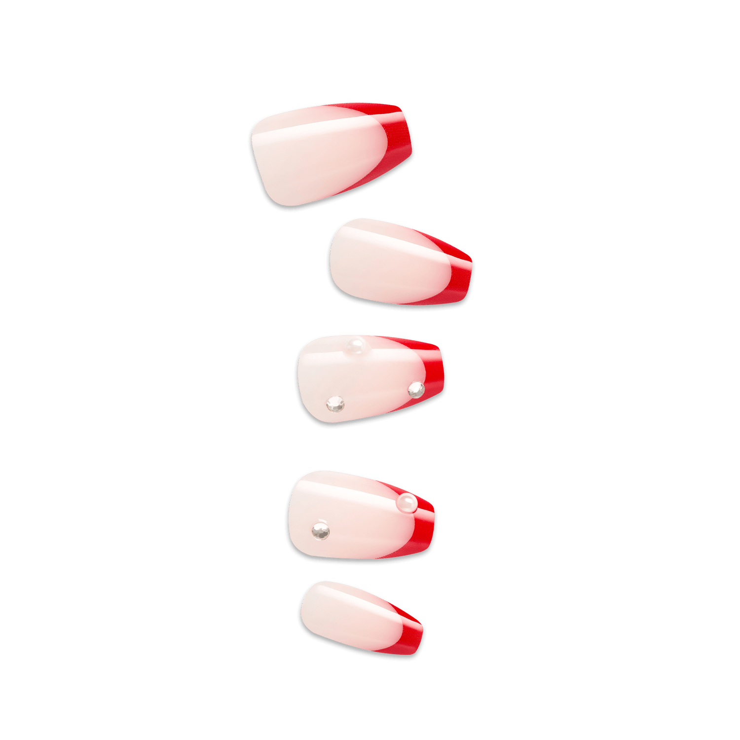 Red and white artificial nail tips with rhinestone accents, various sizes