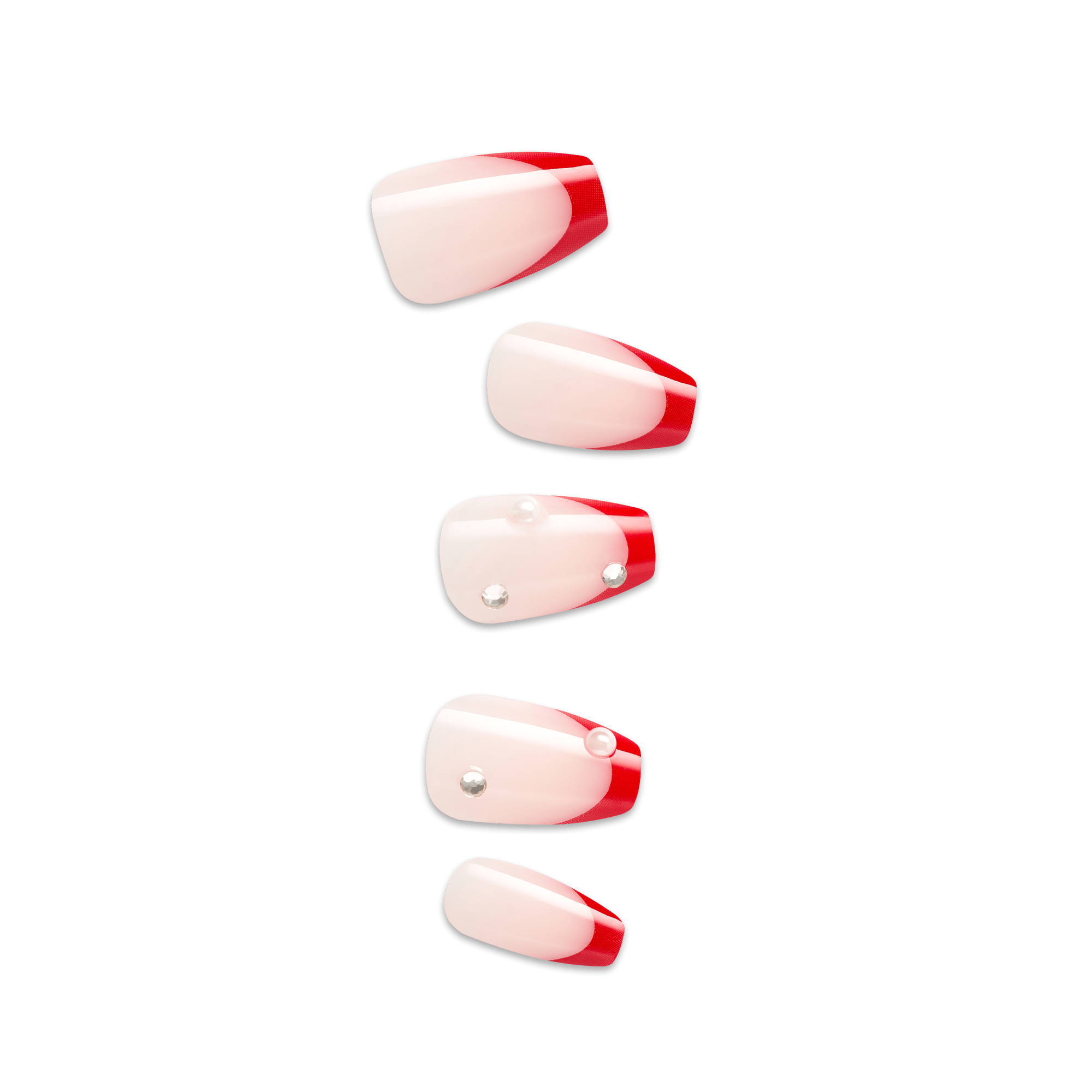 Red and white artificial nail tips with rhinestone accents, various sizes