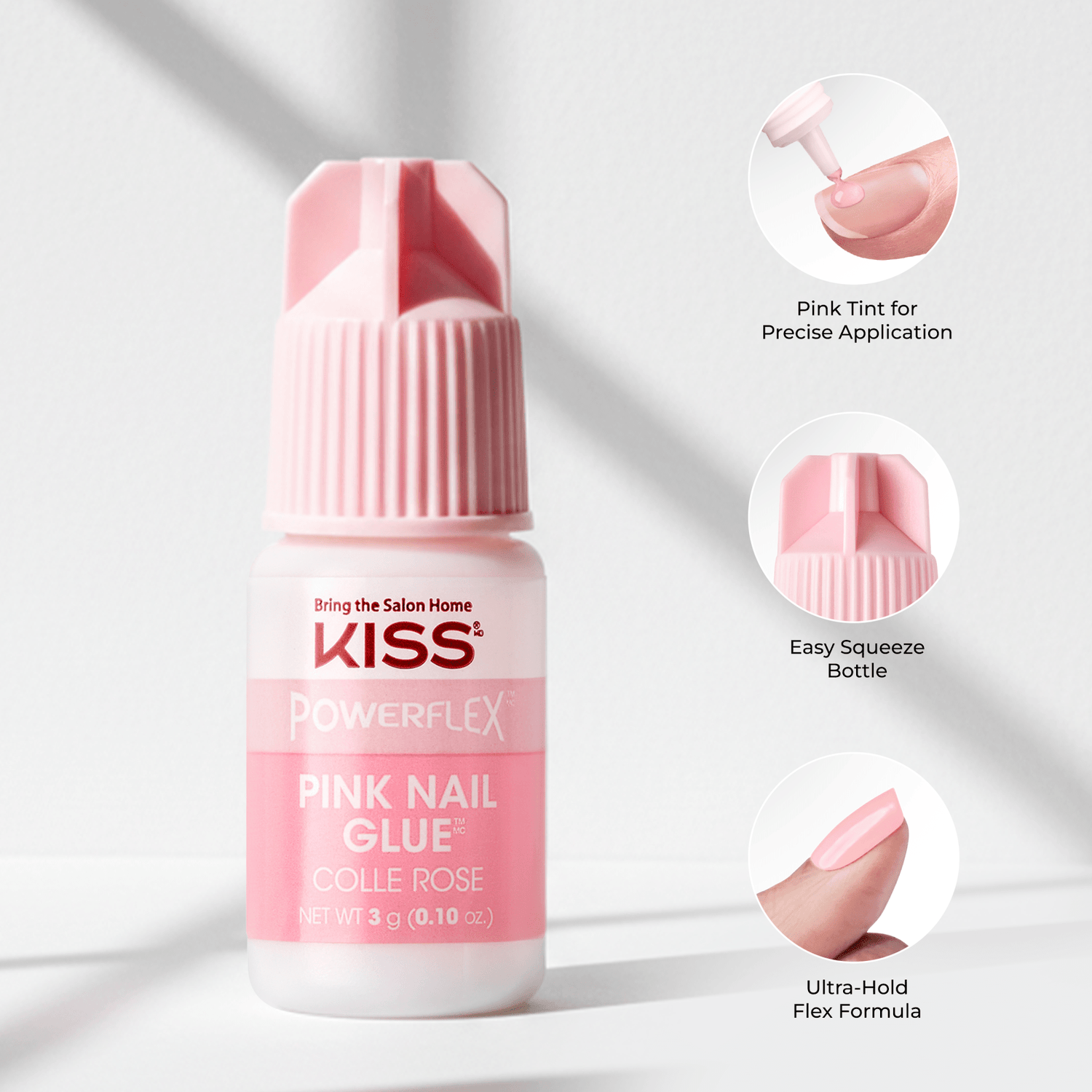 Small pink squeeze bottle of KISS PowerFlex Pink Nail Glue, featuring pink tint for precise application and ultra-hold flex formula, shown with on-nail application.