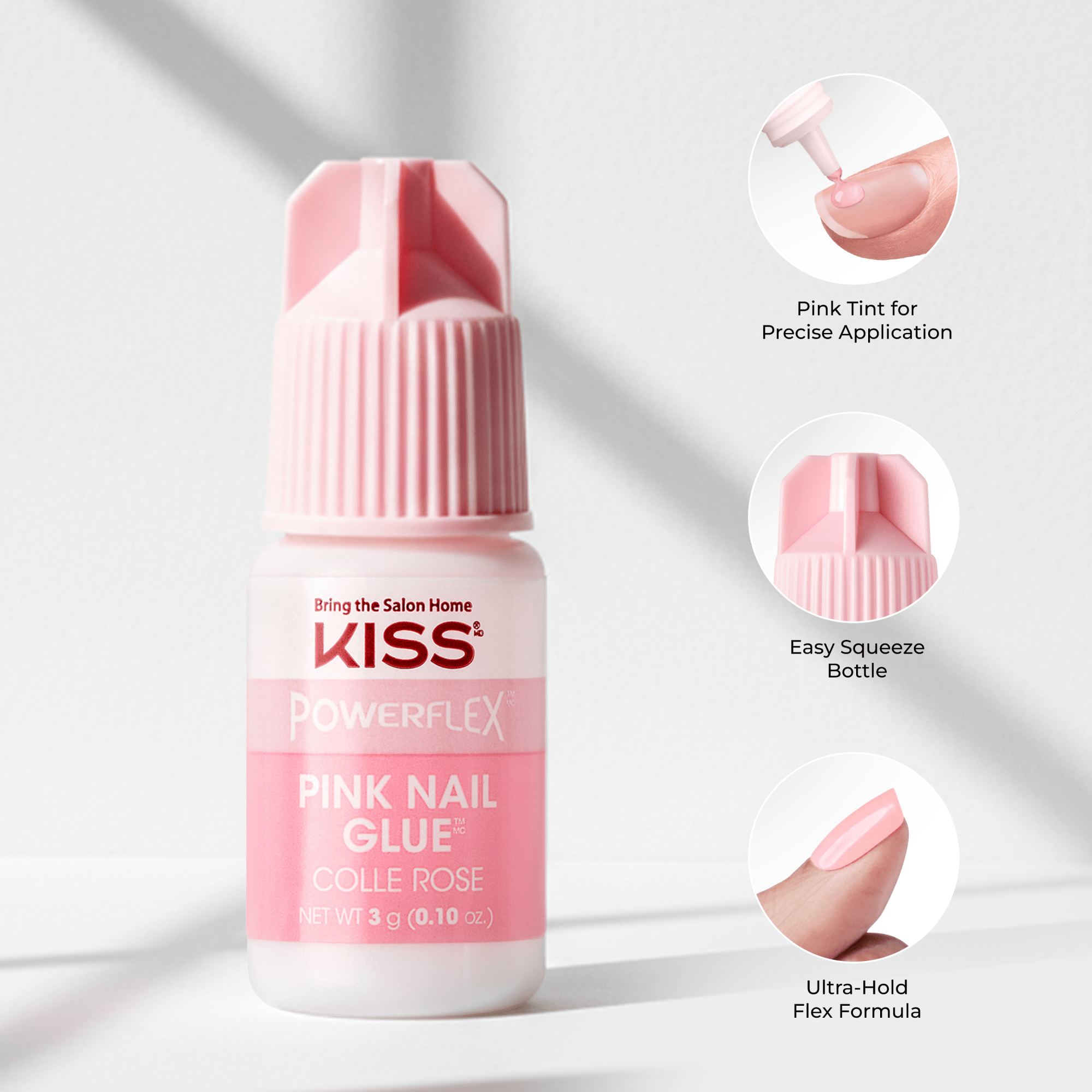 Small pink squeeze bottle of KISS PowerFlex Pink Nail Glue, featuring pink tint for precise application and ultra-hold flex formula, shown with on-nail application.
