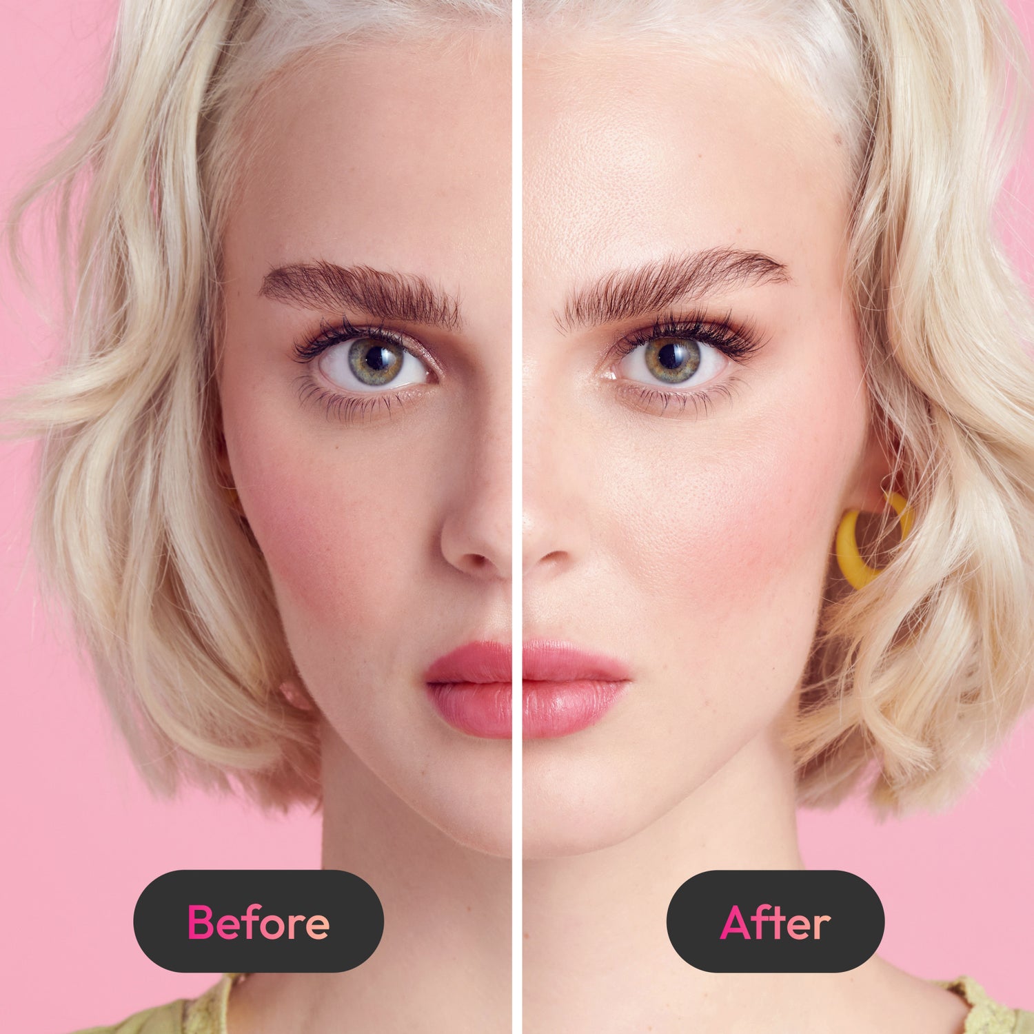 Close-up split-face portrait of a blonde woman against a pink background, showing natural lashes on the left side labeled \