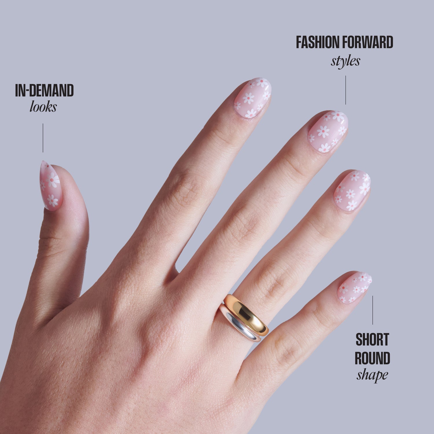 Pink nails with white floral design, short round shape, gold ring displayed on hand.