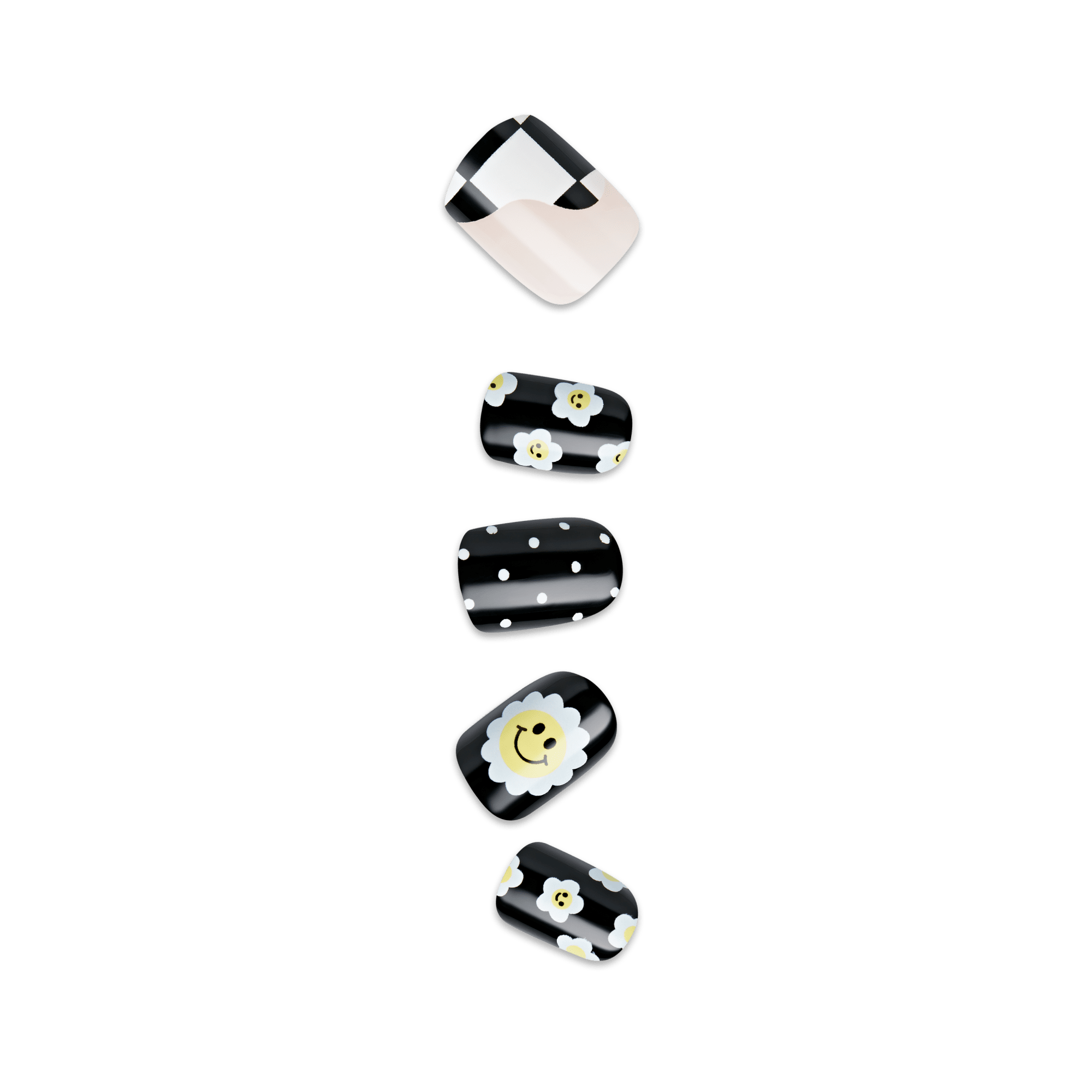 Five press-on nails with black-based designs including black and white checkered, white daisies with yellow smiley faces, white polka dots, and a larger smiling daisy.