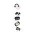 Five press-on nails with black-based designs including black and white checkered, white daisies with yellow smiley faces, white polka dots, and a larger smiling daisy.