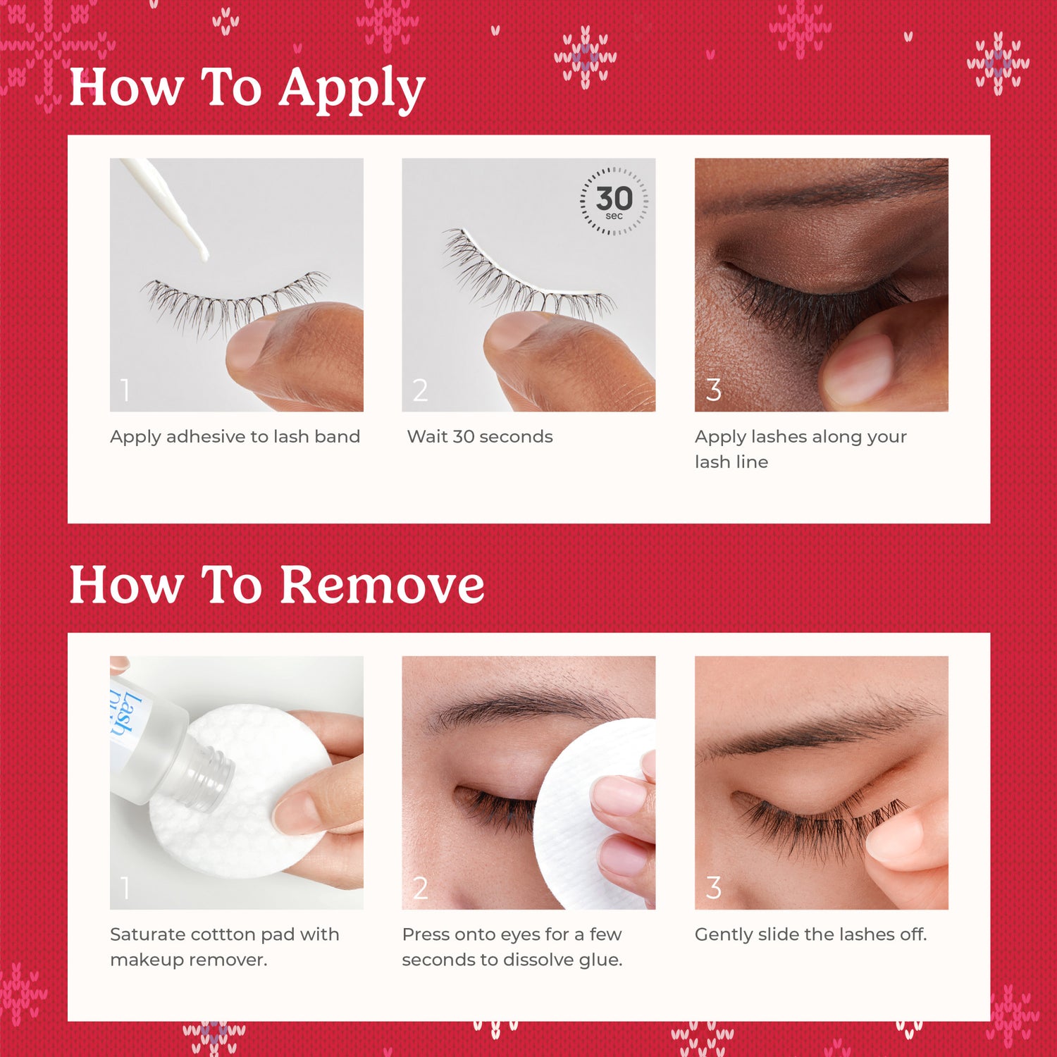 False eyelash application and removal instructions with step-by-step photos on red background