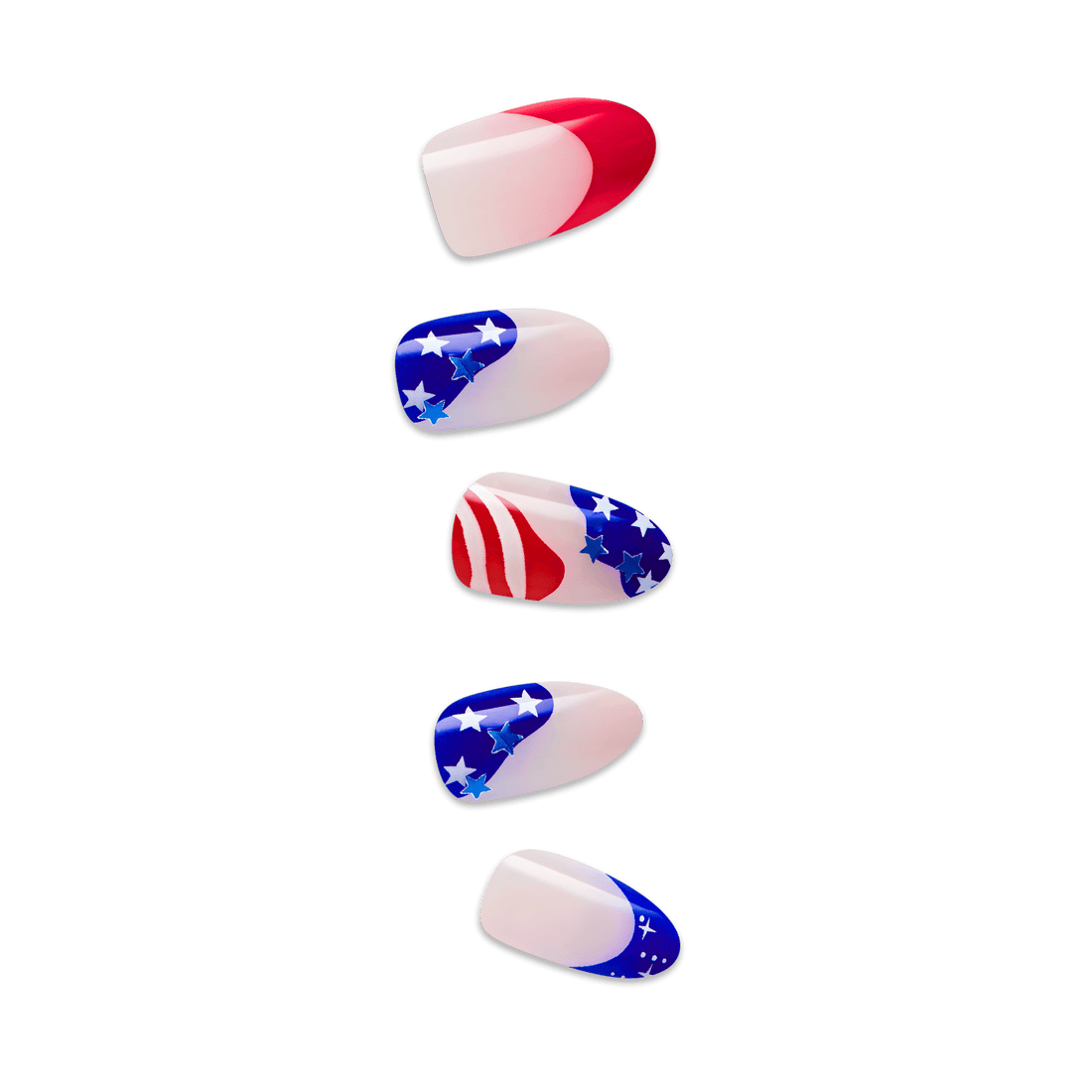 Six glossy press-on nails with a patriotic design, featuring red, white, and blue colors with white stars and red stripes in various patterns.
