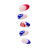 Six glossy press-on nails with a patriotic design, featuring red, white, and blue colors with white stars and red stripes in various patterns.
